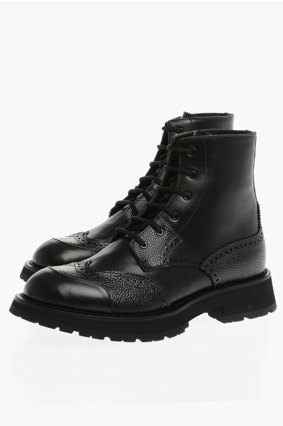 image of Alexander Mcqueen Leather Combat Boots With Brogues Detail in Black, Men's (Size 9)