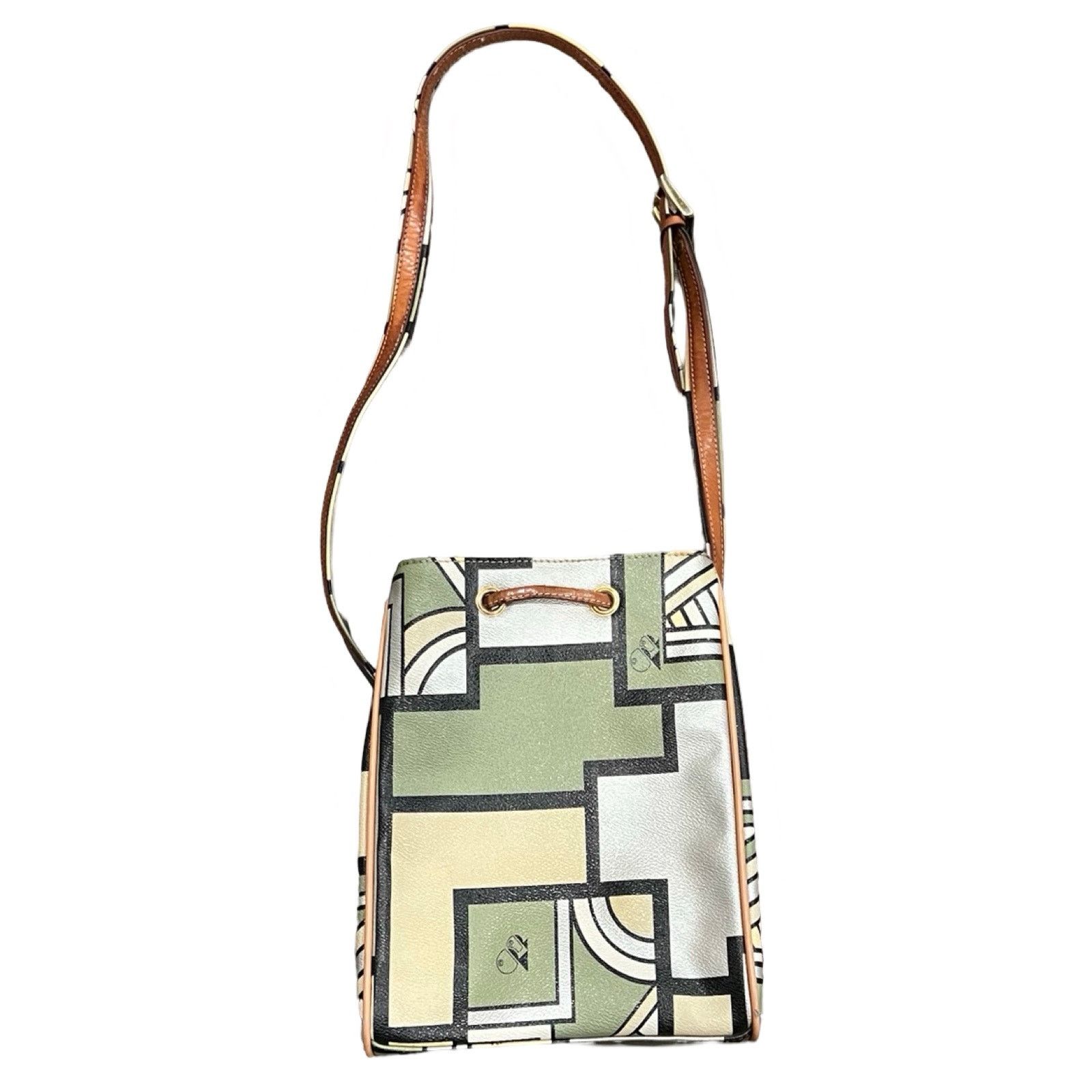 Vintage 90's Leather Geometric Beige Green Drawstring Shoulder Bag, Women's