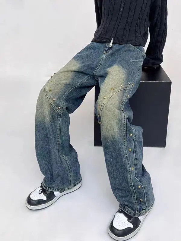 Japanese Brand VIBE Street hip-hop rivet washed contrast patchwork jeans Size US 32 / EU 48 - 3 Thumbnail