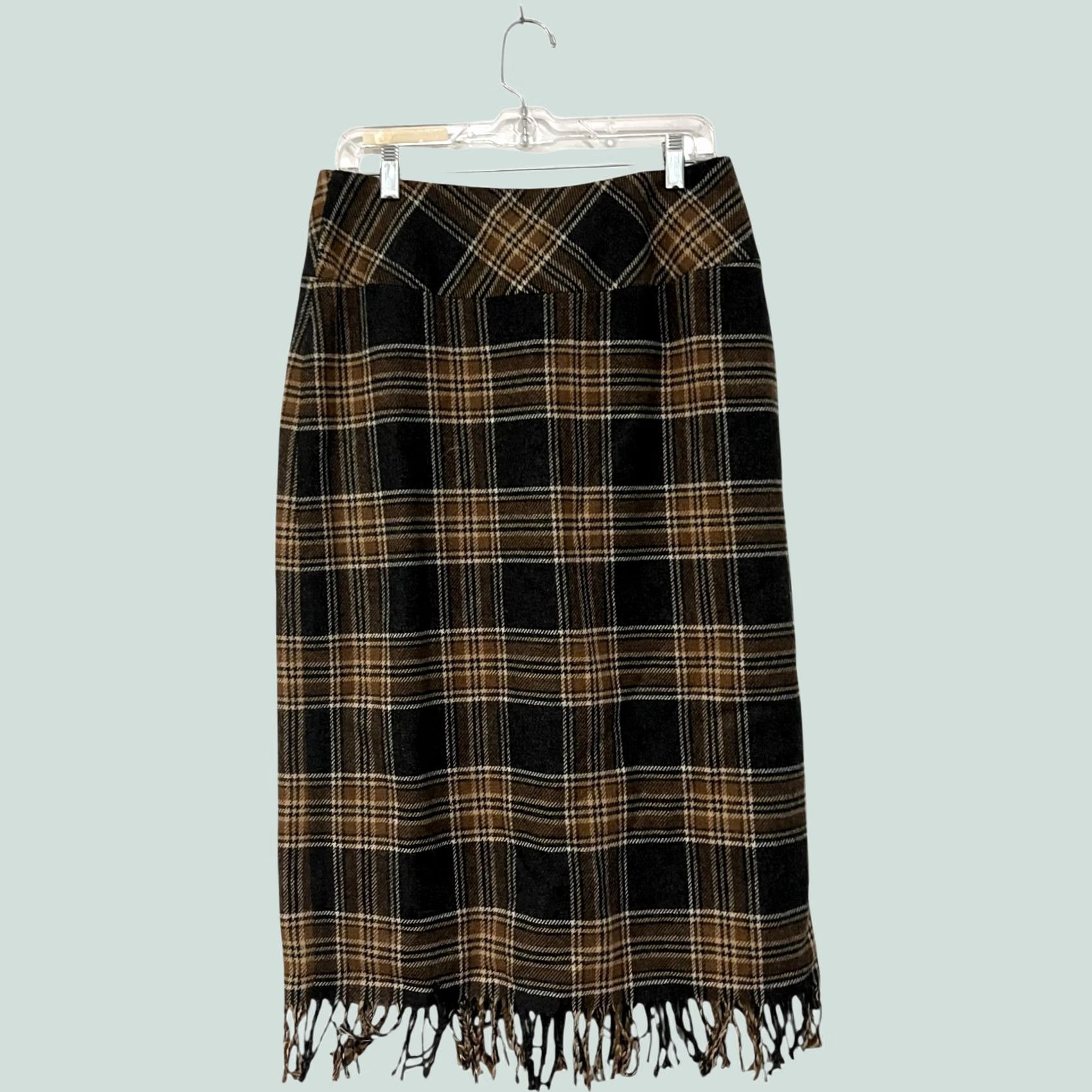Vintage VINTAGE David N. Plaid Wool Blend Midi Wrap Skirt Buckle Fringe Size 10 Women’s, 90s Academia, Fall/Winter, Button Closure, Brown Size 32" / US 10 / IT 46 - 1 Thumbnail