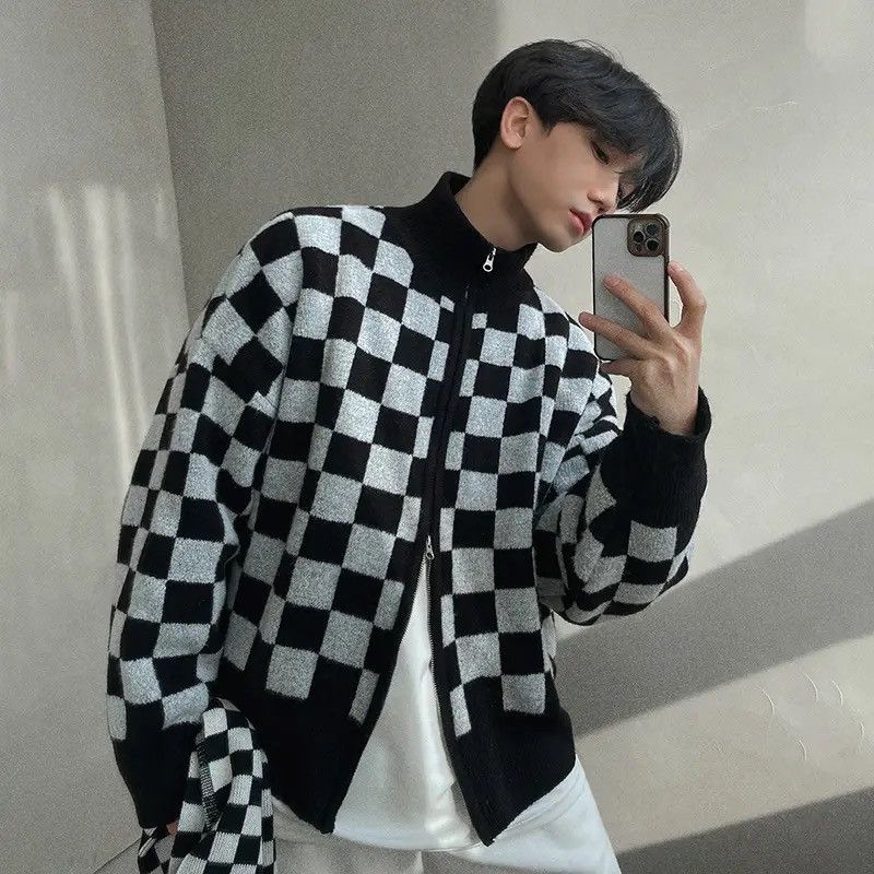 Japanese Brand × Vintage Fashion black checkered plaid knit jacket cardigan Size US XL / EU 56 / 4 - 1 Thumbnail