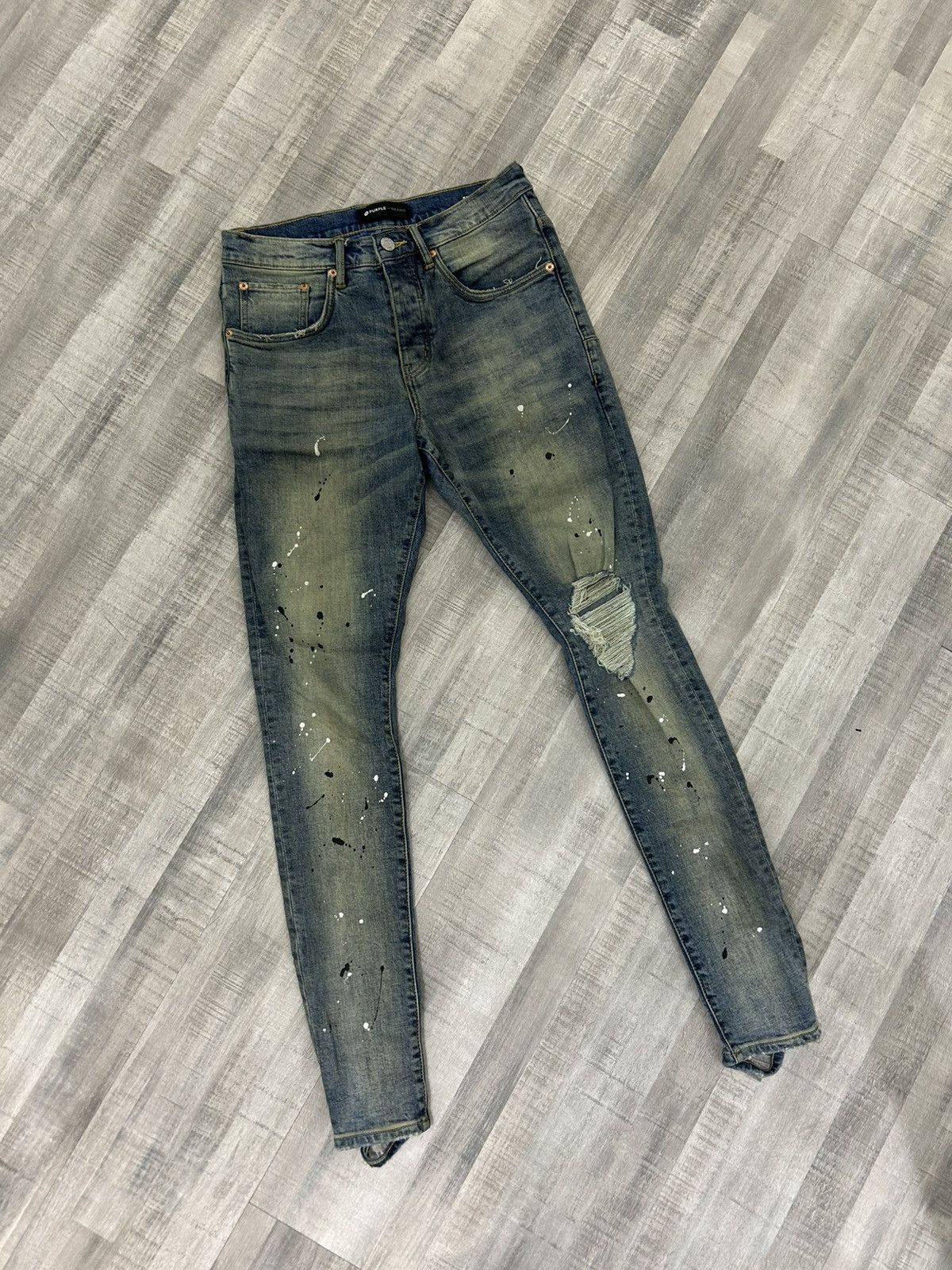Purple Brand P002 Mid Indigo Destroy Paint Slim-Fit Jeans