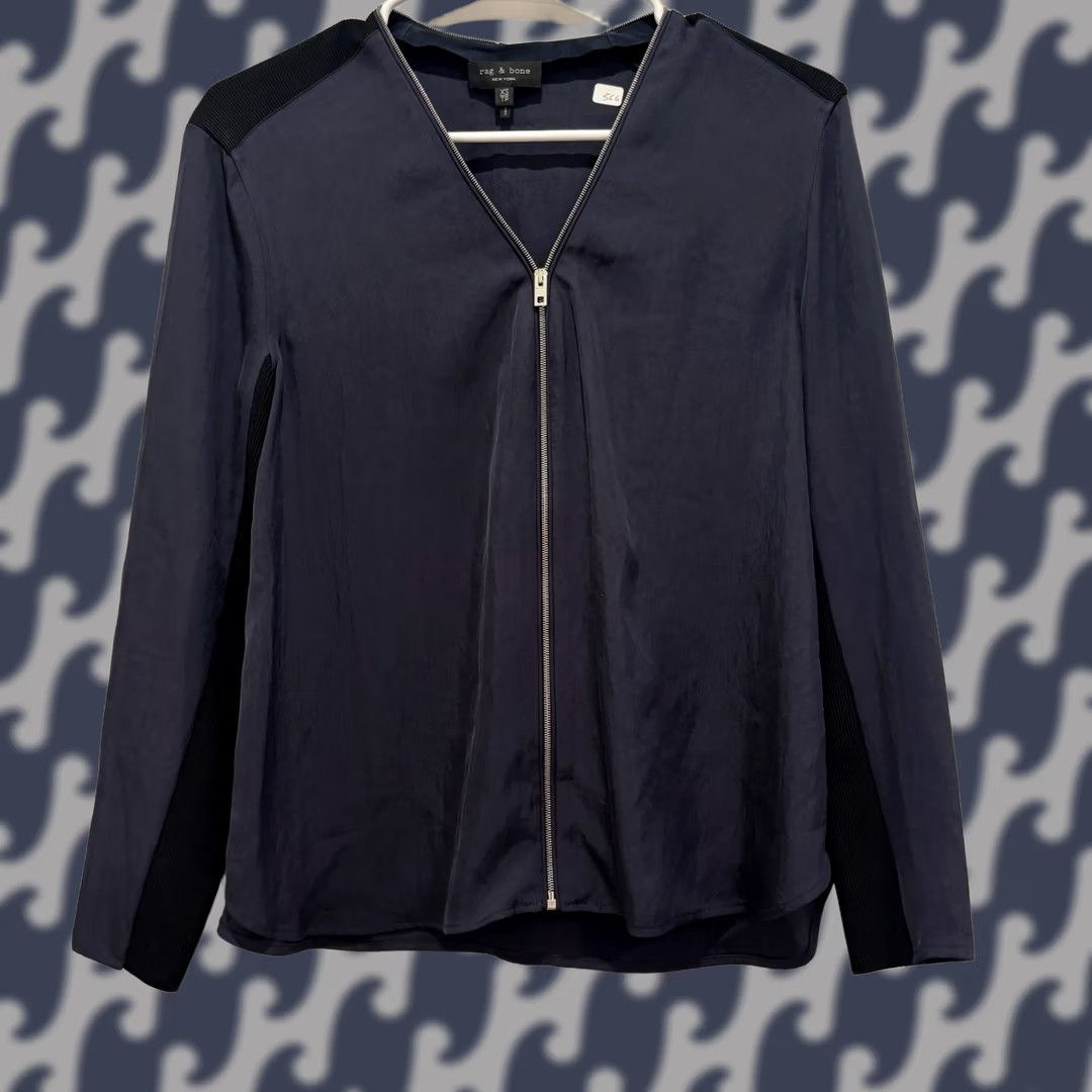 Rag & Bone rag & bone Navy Blue Full Zip Mixed Media Blouse Top XS Womens Size XS / US 0-2 / IT 36-38 - 1 Thumbnail