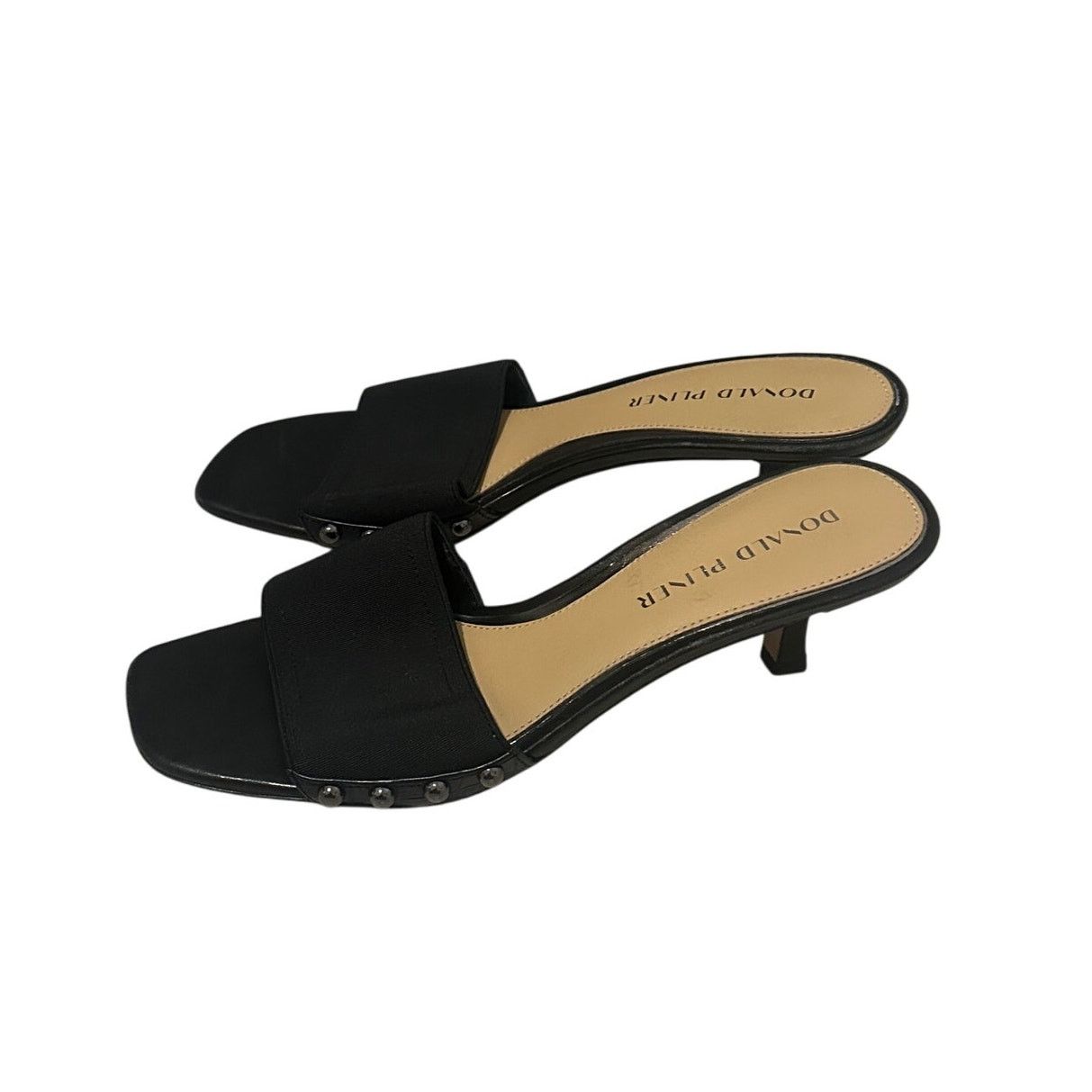 Donald Pliner Black Tan Open Square Toe Two Inch Heel Sandal