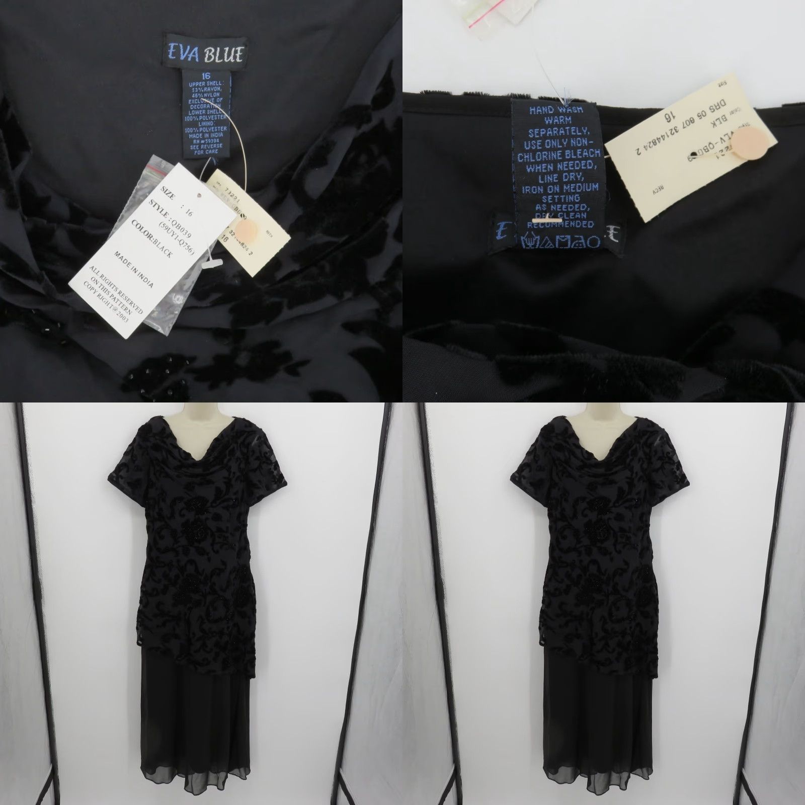 Velvet VINTAGE Eva Blue Women 16 Black Floral Beaded Velvet Short Sleeve Dress Y2K 2003 NEW Size 38" / US 16 / IT 52 - 8 Thumbnail