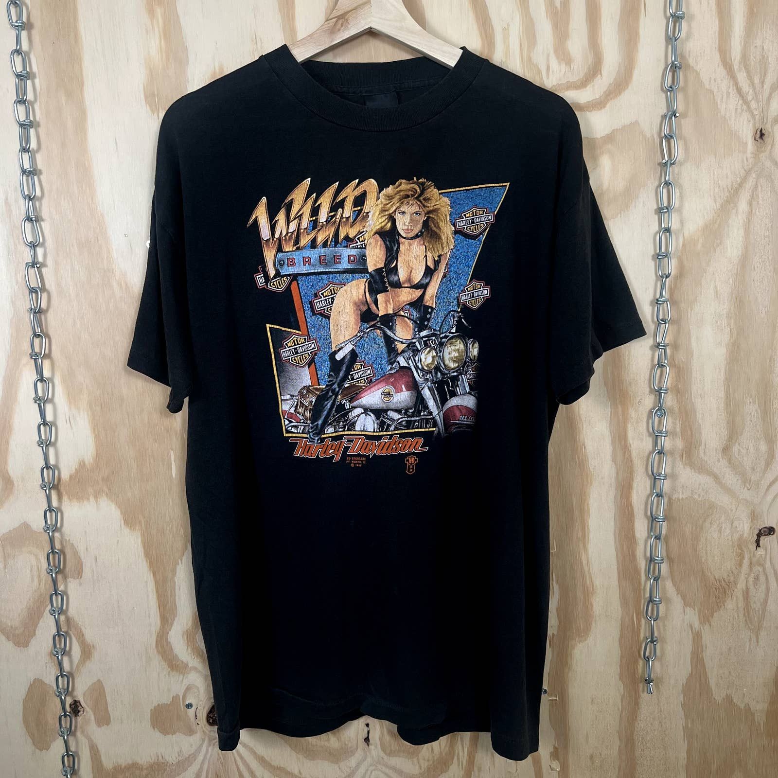 image of Vintage 80's Harley Davidson 3D Emblem " Wild Breed" Graphic Shirt in Black, Men's (Size Large)