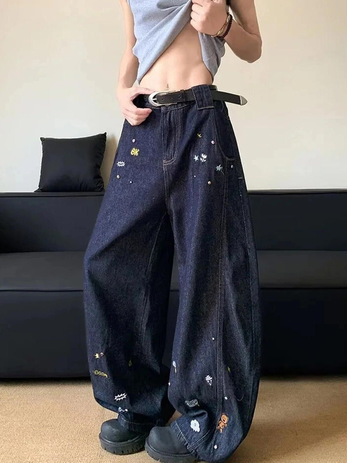 Japanese Brand Dark Paint Splatter Blue Wide Leg Denim Jeans Size US 32 / EU 48 - 5 Thumbnail