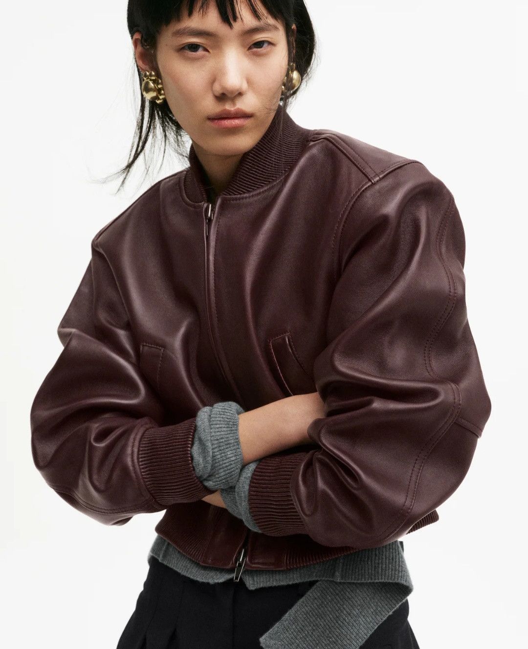 H&M H&M Studio 2026 Sheep Leather Bomber Jacket Burgundy Size US L / EU 52-54 / 3 - 4 Thumbnail