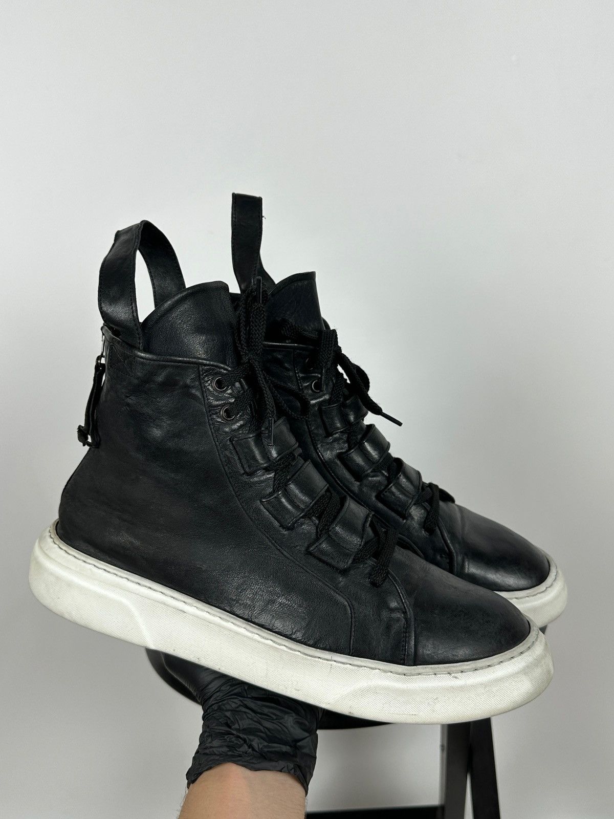 Masnada Masnada Black Leather Hi Top Sneakers Size US 12 / EU 45 - 9 Thumbnail