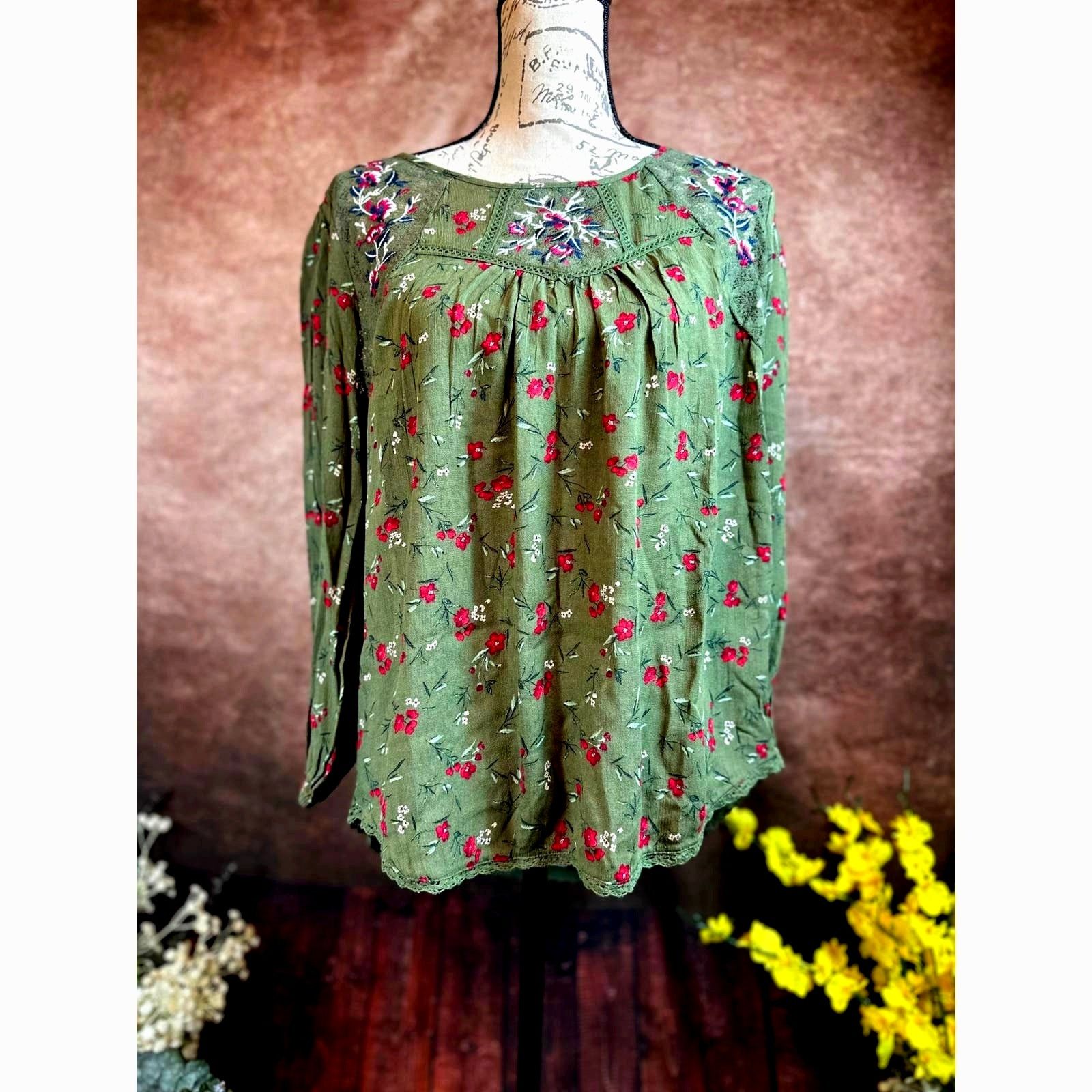 Other Mason & Belle Peasant Blouse Lace Accents Olive size M Size M / US 6-8 / IT 42-44 - 2 Thumbnail