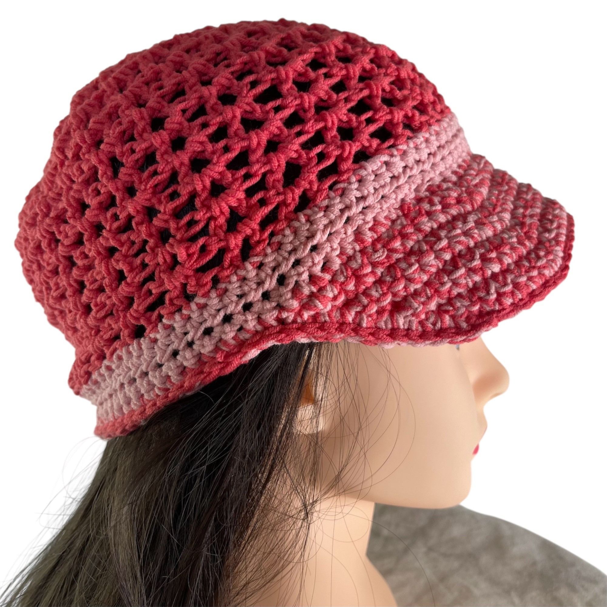 Handmade Crochet Baseball Cap Ponytail Hat Breathable Pattern Pink Ad Size ONE SIZE - 1 Thumbnail