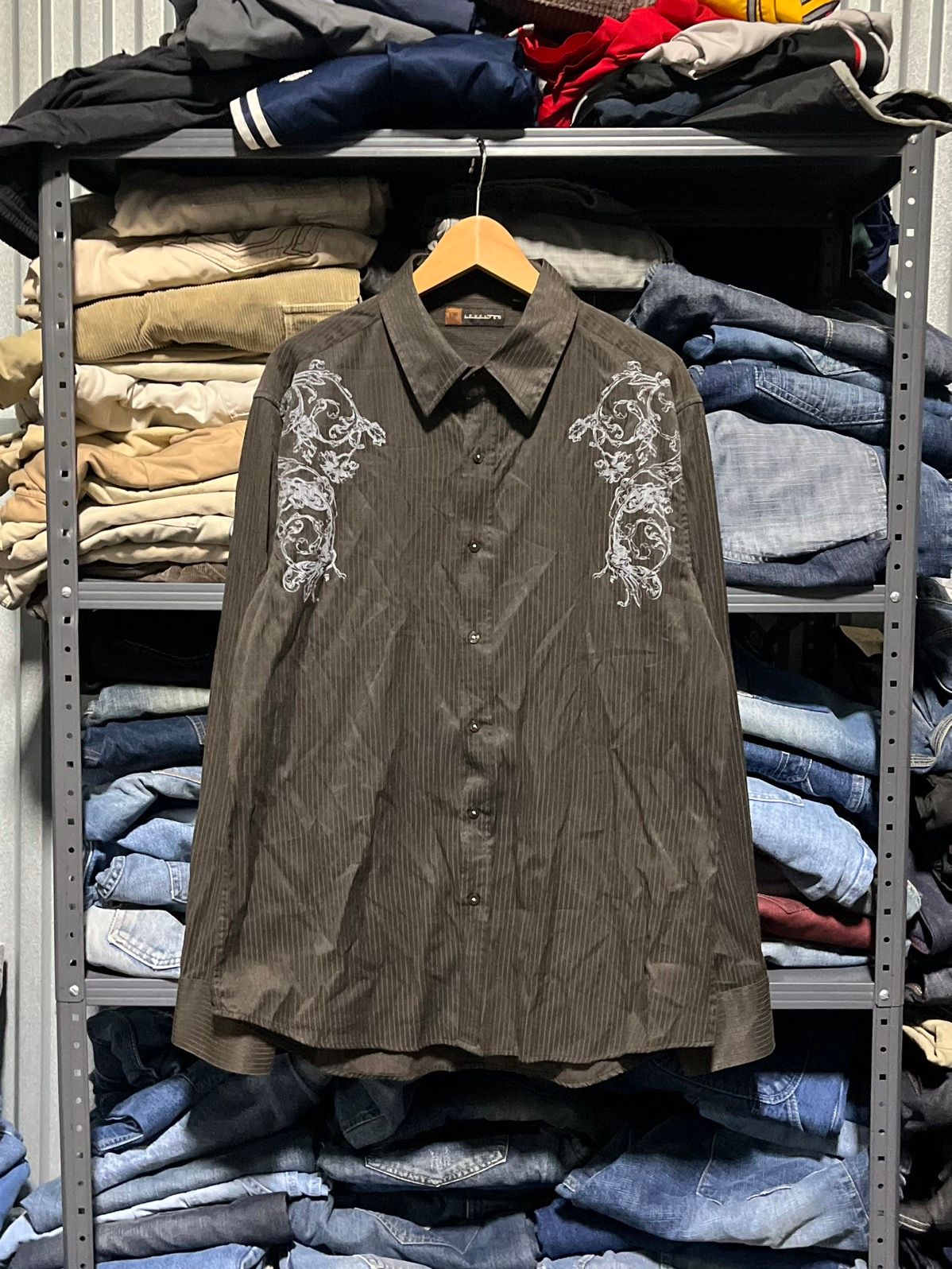 Pre-owned Affliction X Jnco Crazy Y2k Affliction Style Tribal Button Down Skater Tee In Brown