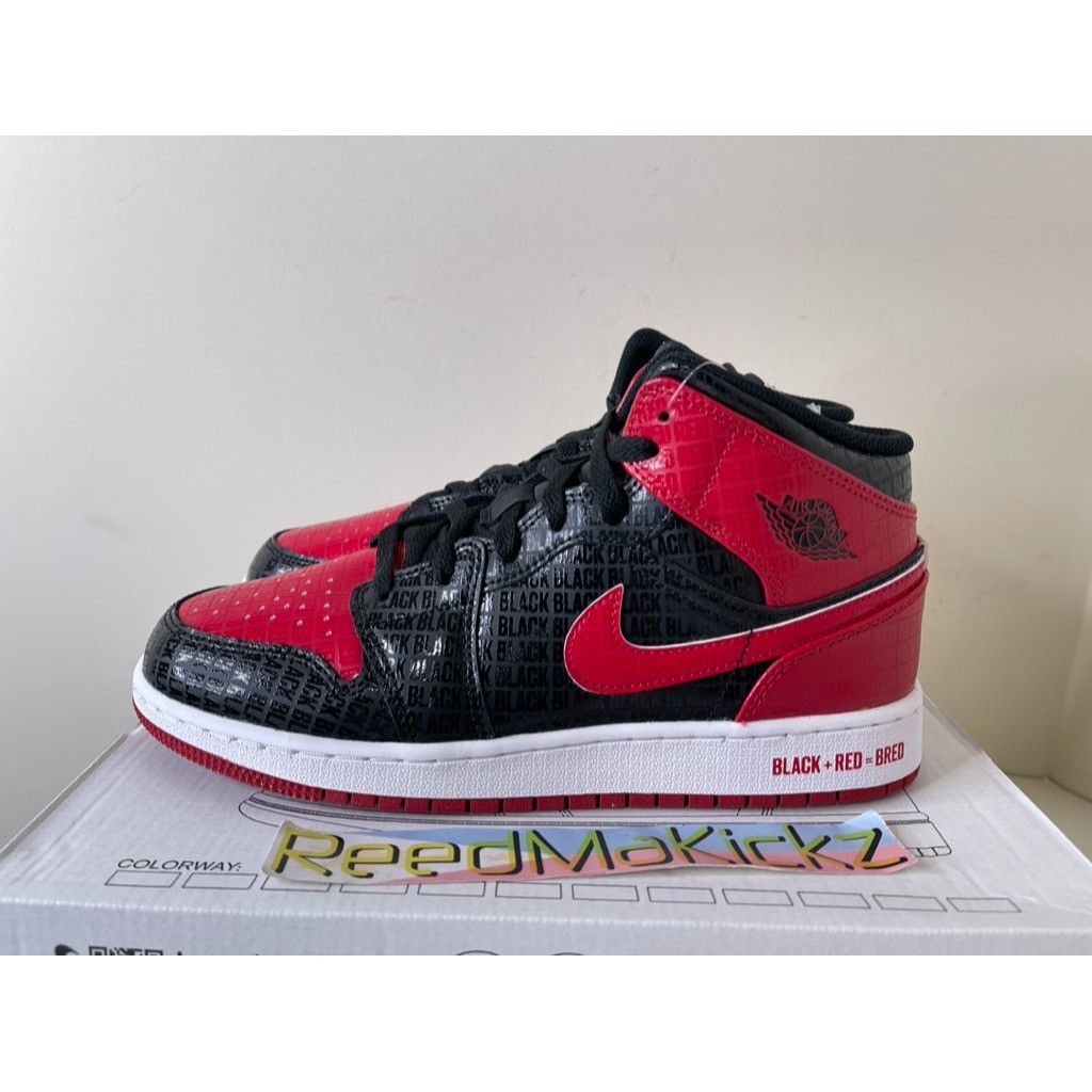 image of Jordan Brand 1 Mid Ss Bred Black Red Text Gs 6Y Shoes, Men's
