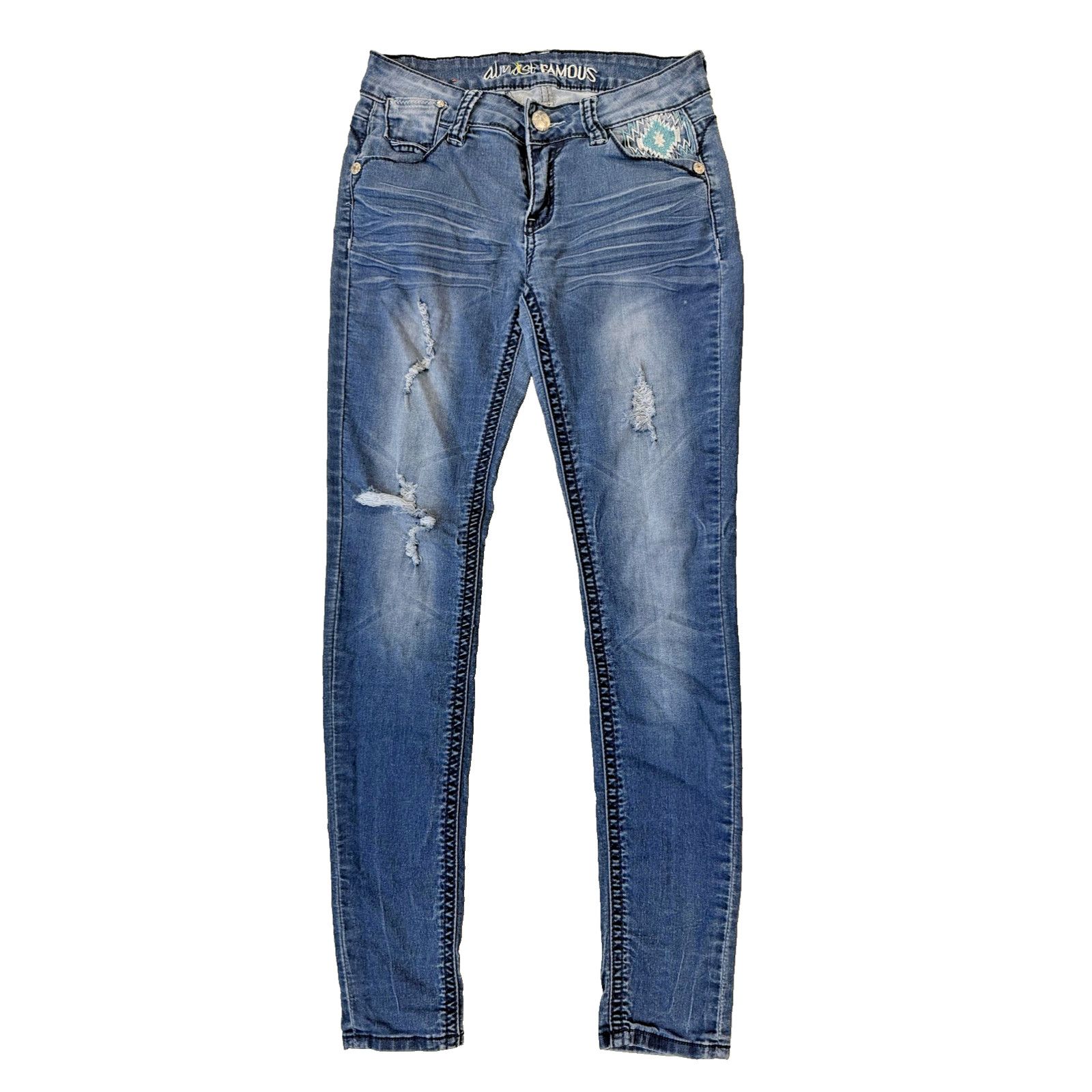 Almost Famous Almost Famous Y2K Hit Jeans 5 Blue Distressed Aztec Pockets Size 27" / US 4 / IT 40 - 3 Thumbnail