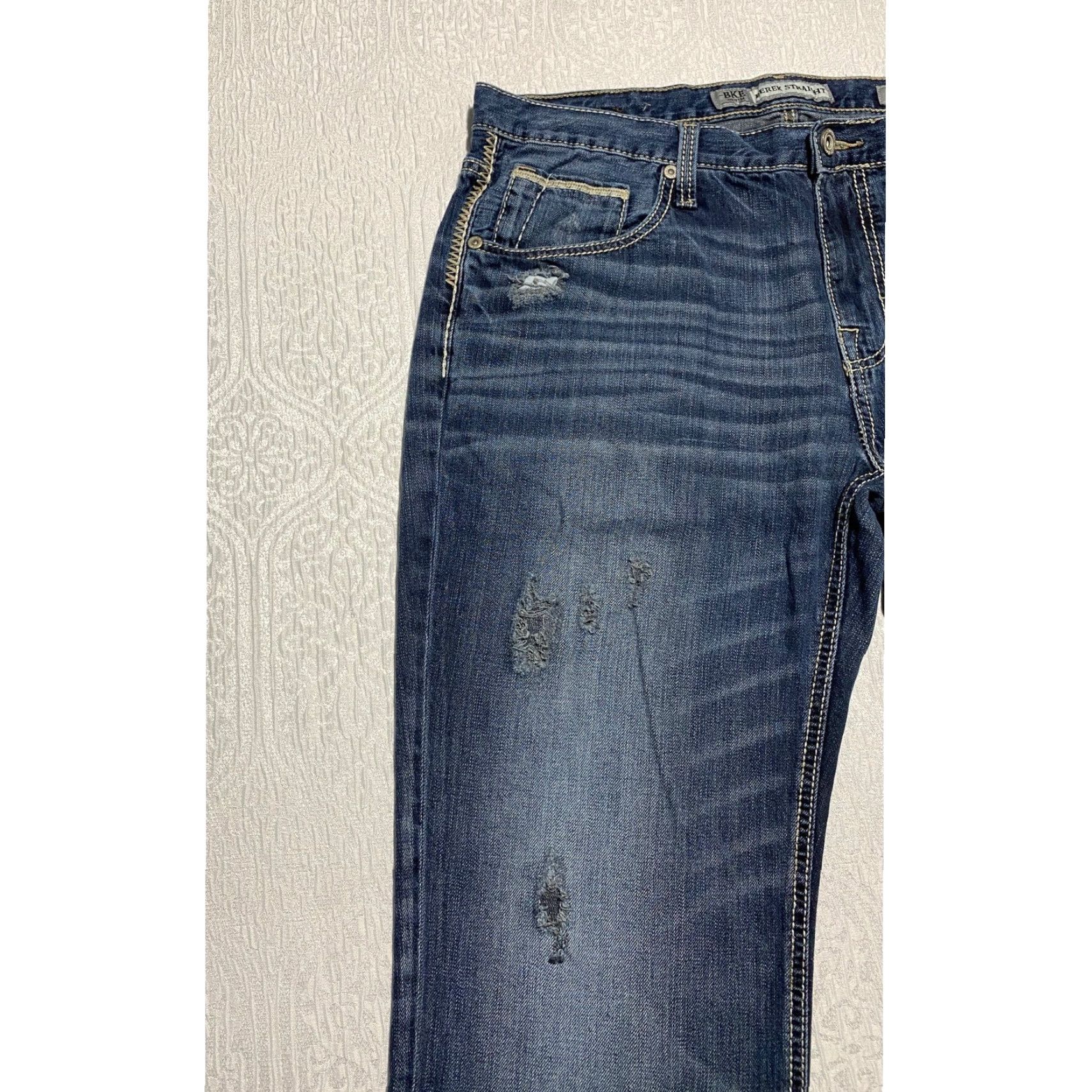 Vintage Buckle BKE Derek Straight Denim Jeans Mens 36R Blue Distressed Ripped 5-Pocket Design Jeans Straight Mens Blue 36 Size US 36 / EU 52 - 2 Thumbnail