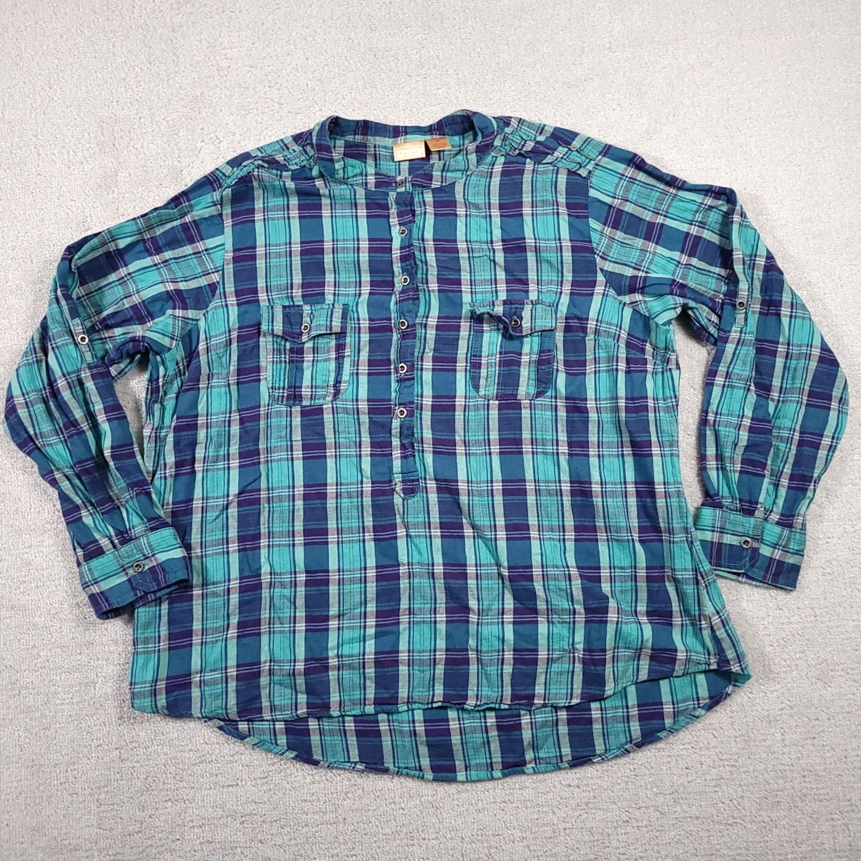 Vintage Northcrest Shirt Women's 2X Plus Blue Plaid Roll Tab Sleeve Henley Pockets Shirt Size XXL / US 16-18 / IT 52-54 - 2 Thumbnail