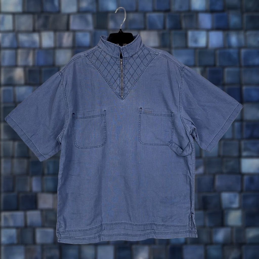 Vintage VINTAGE Paco Sports Shirt Mens Large Blue Chambray Mock Neck 90s Baggy Linen Cotton Zip Short Sleeve Size US L / EU 52-54 / 3 - 1 Thumbnail