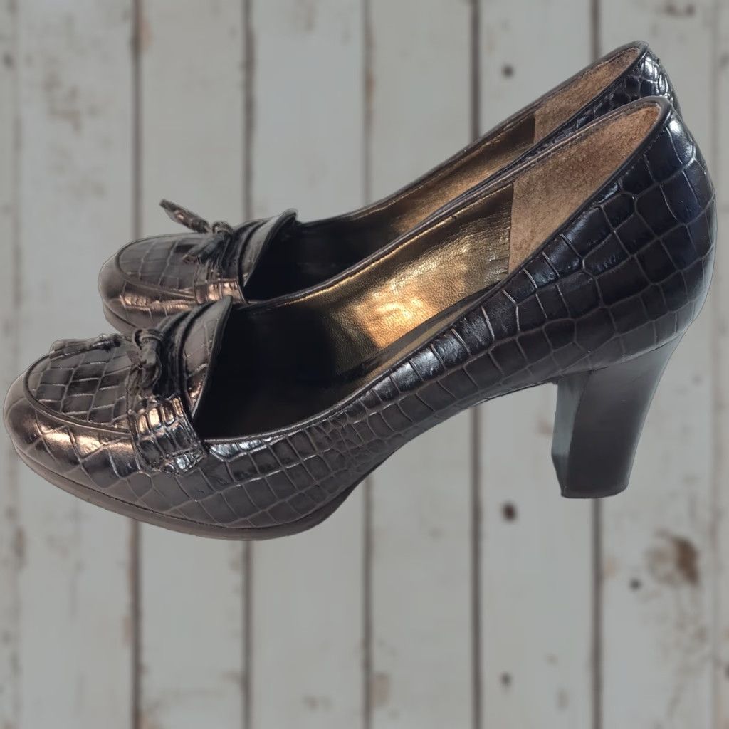 Ann Taylor Loft Brown Croc Embossed Leather 3In Heel Shoes Loafers Womens Size 6M Braz