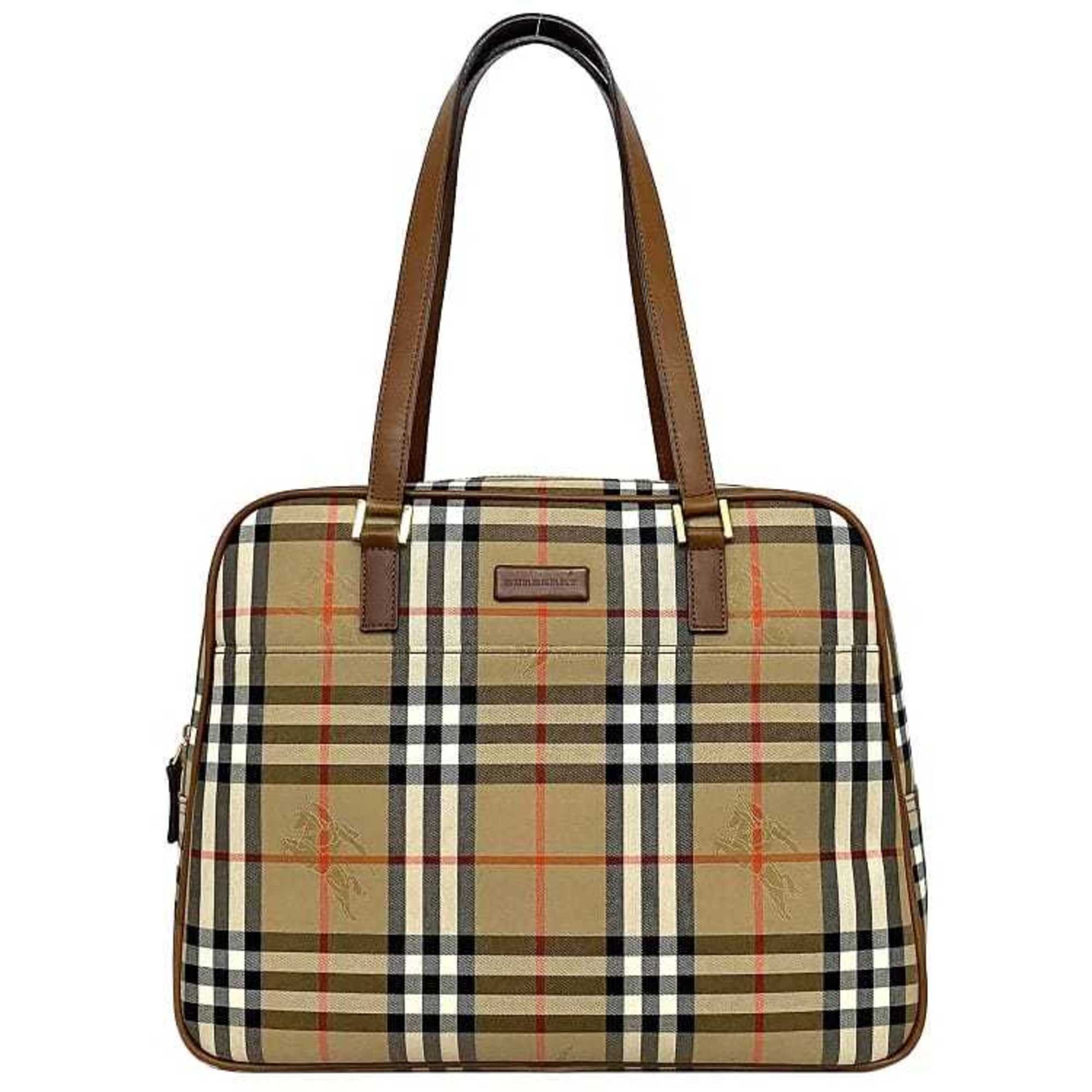 image of Burberry Boston Bag Beige Brown Nova Check Nylon Canvas Leather Burberry One Night Two Nights Chuck
