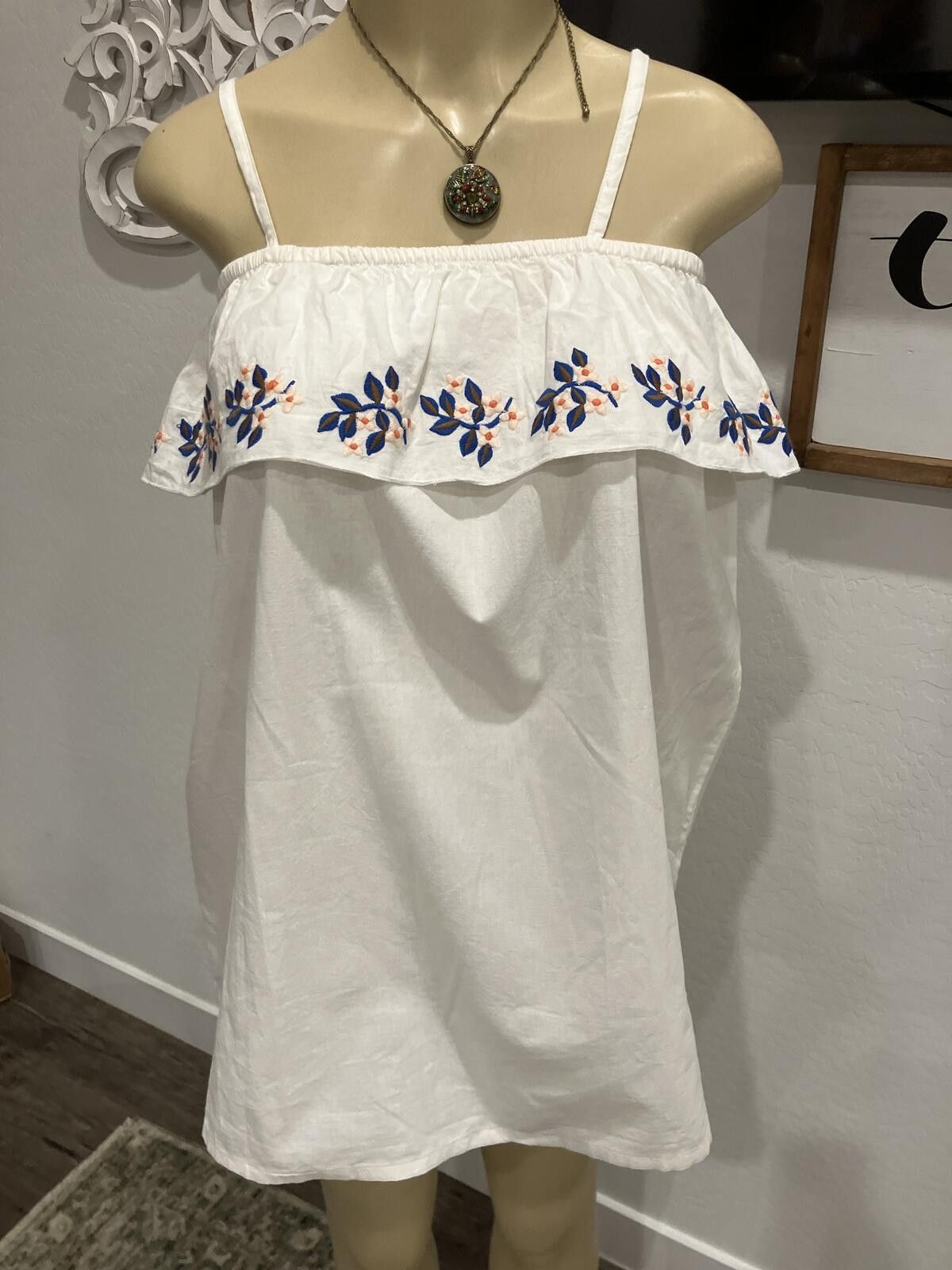 Other NWT White Off-Shoulder Dress with Blue Floral Embroidery Size ONE SIZE - 1 Thumbnail