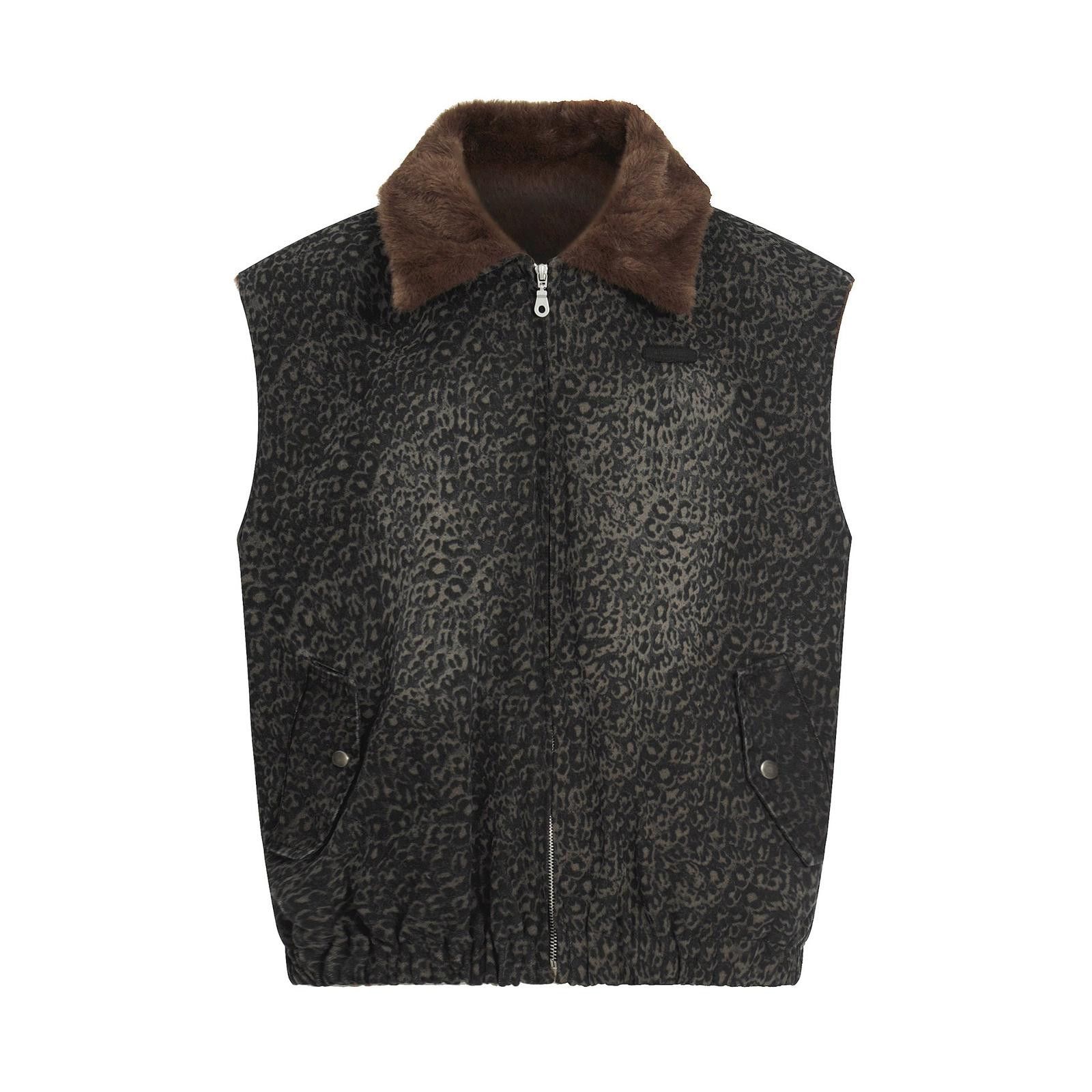Japanese Brand Brown Faux Fur Collar Leopard Print Vest, Zip-Up Vest Size US M / EU 48-50 / 2 - 6 Thumbnail