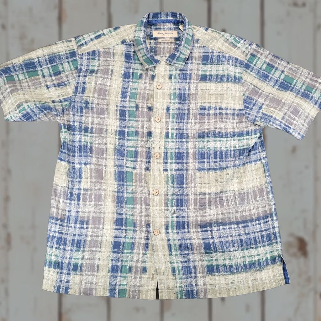 Tommy Bahama Tommy Bahama Shirt Mens Island Zone Plaid Silk Blend Button Up Short Sleeve LG Blue Size US L / EU 52-54 / 3 - 1 Thumbnail