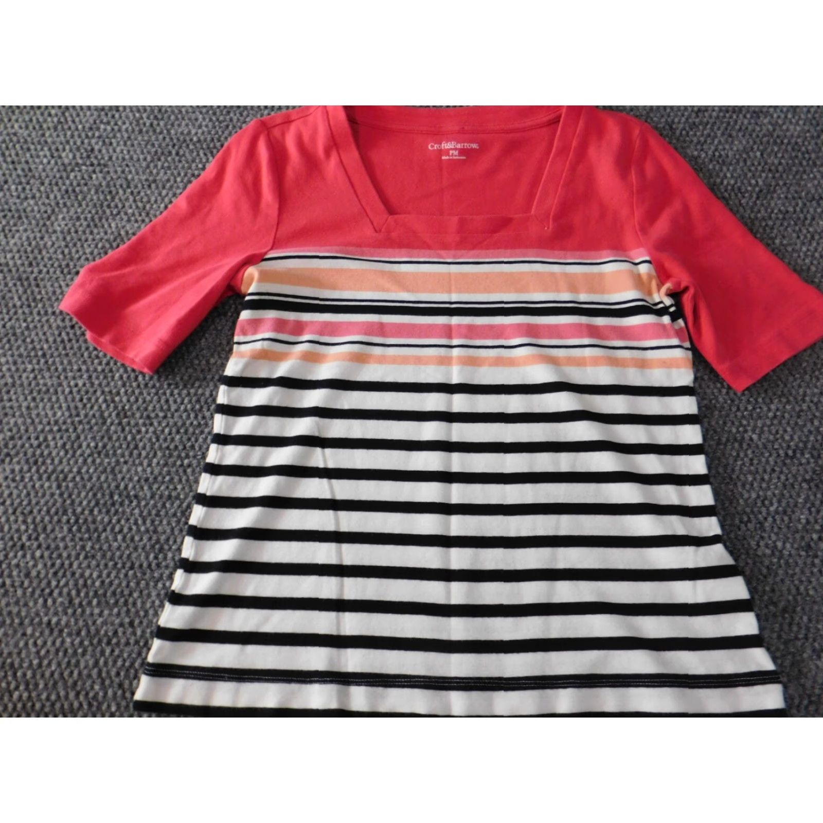 Croft & Barrow Croft & Barrow Womens Blouse PM Petites White Striped Pullover Crew Neck Short Sleeve Button Cotton Rayon Classic Casual Womens Size M / US 6-8 / IT 42-44 - 3 Thumbnail