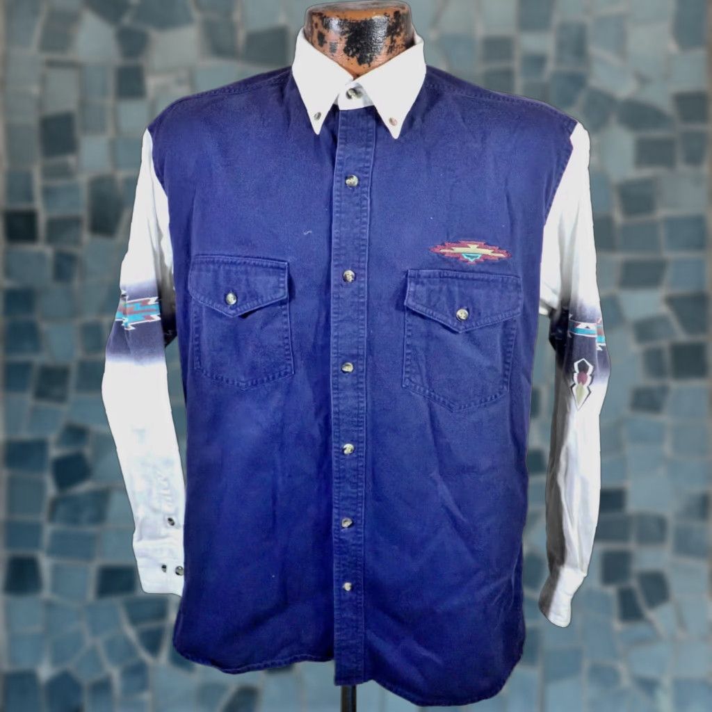 Express VINTAGE Express Rider Men's Western Shirt Blue Button Down Embroidered Aztec Southwest Design Size US M / EU 48-50 / 2 - 1 Thumbnail