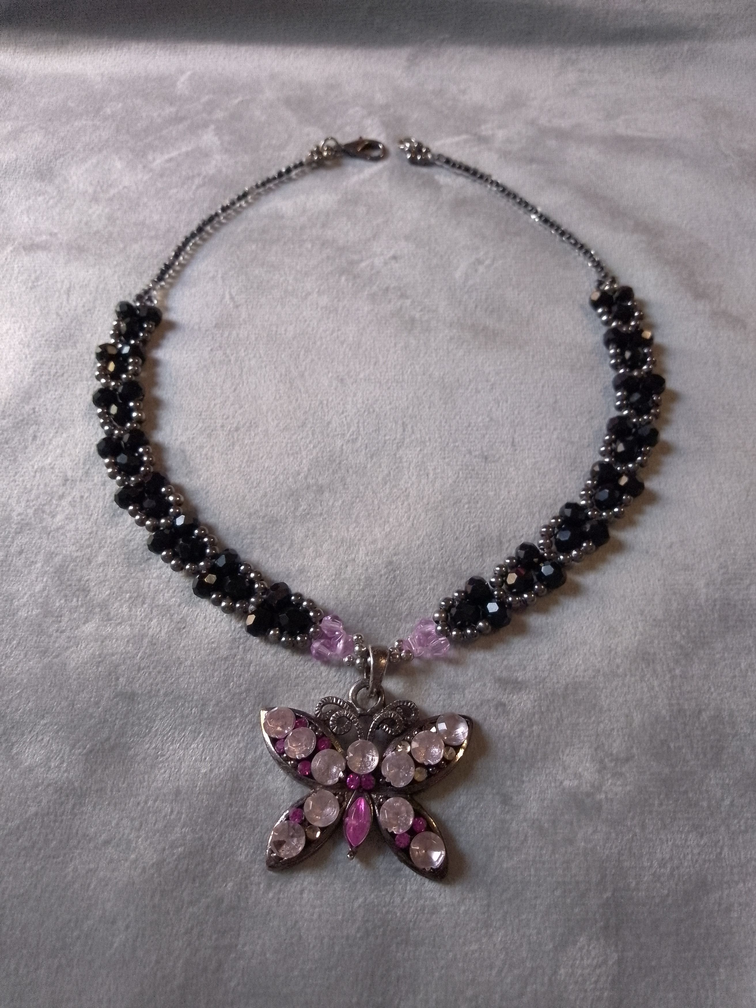 Handmade Black necklace with vintage Butterfly jewel pendant charm Size ONE SIZE - 8 Thumbnail