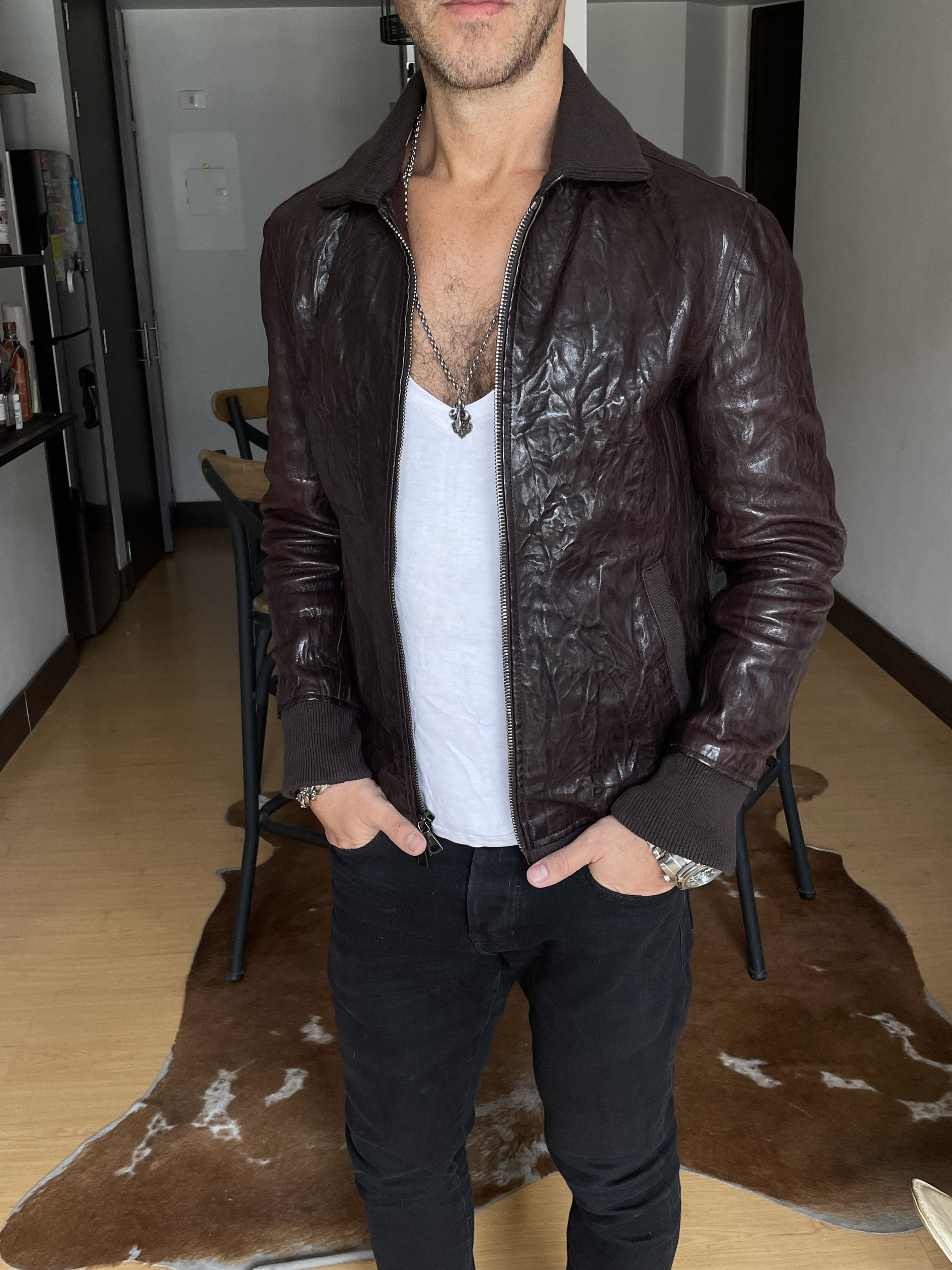 John Varvatos John Varvatos Crinkled Bomber Leather Jacket Brown $2698 Size US S / EU 44-46 / 1 - 4 Thumbnail