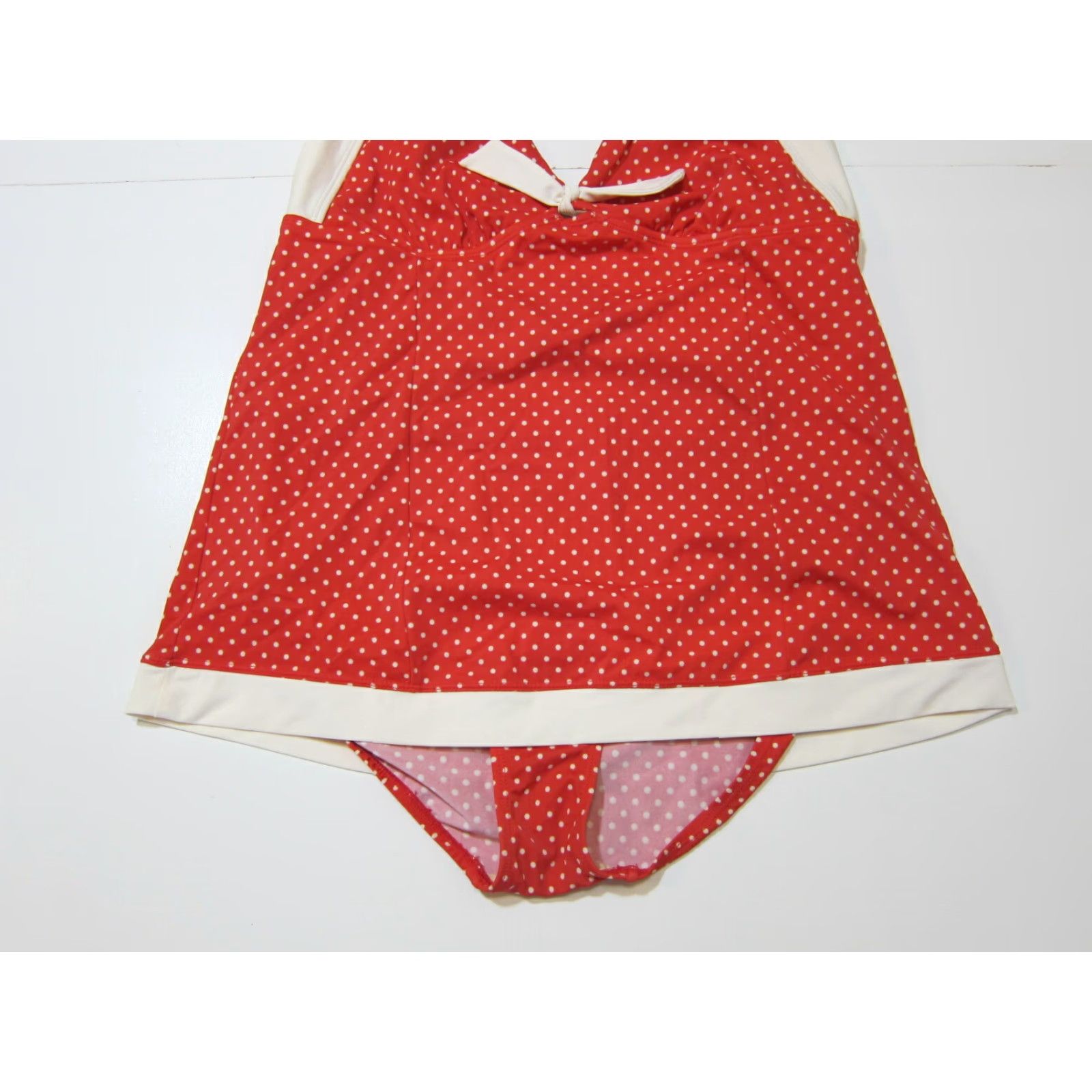 Vintage Tropical Escape Red White Polka Dot Halter Swimsuit Dress Women Size 14 (One Piece) - Red Polka Dot Halter Bikini Dress Womens 14 Size XL / US 12-14 / IT 48-50 - 4 Thumbnail