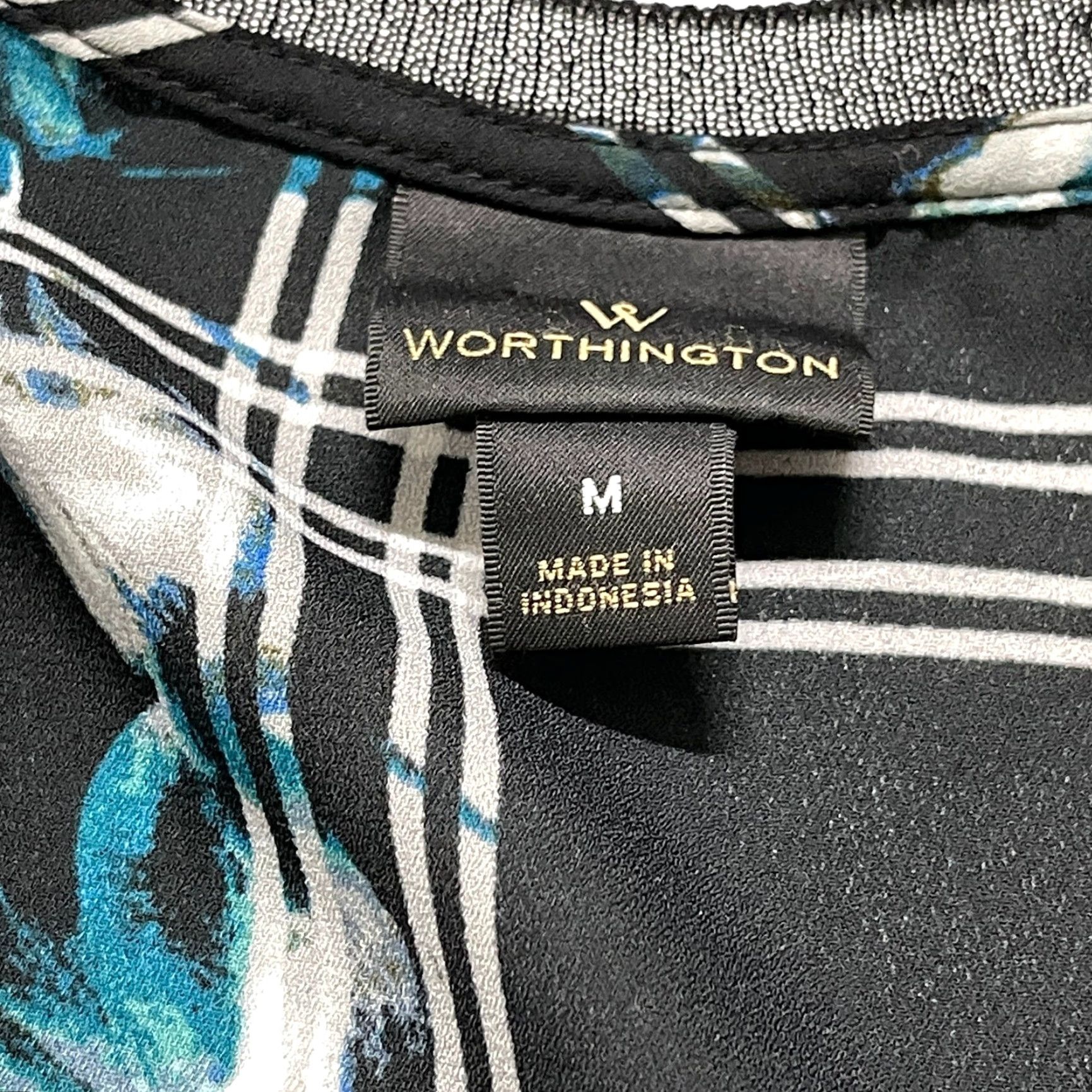 Worthington Worthington Shirt Women M Black Blue Floral Print Semi Sheer V Neck Feminine, Plaid, Short Sleeve, Tunic, Regular Fit, Pullover, Casual, Classic Size M / US 6-8 / IT 42-44 - 7 Thumbnail