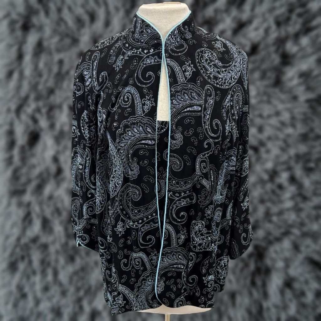 Alex Evenings 2 Pc Twin Set Tank Top Jacket Womens 1X Plus Black Paisley Sparkle
