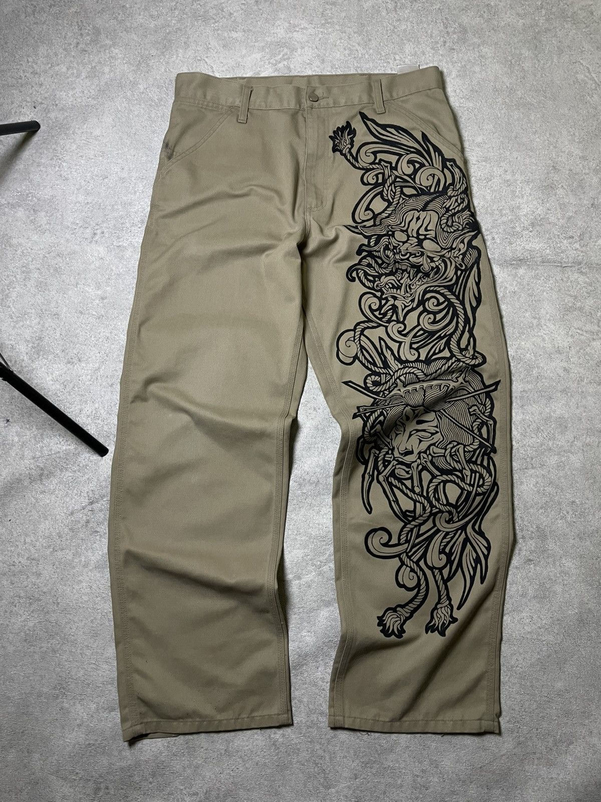 Carhartt 👺ONI/Yokai YAKUZA Y2K Carhartt Castom RARE Vinage Skull☠️ Size US 31 - 2 Thumbnail