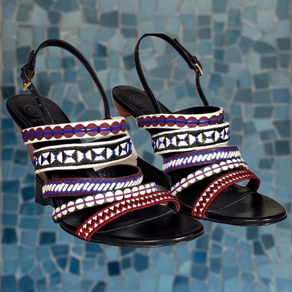 Tory Burch Tory Burch Strappy Womens Red White Blue Black Multi Mixed Trims Leather 100mm Wedge Sandals Women Size US 8 / IT 38 - 1 Thumbnail
