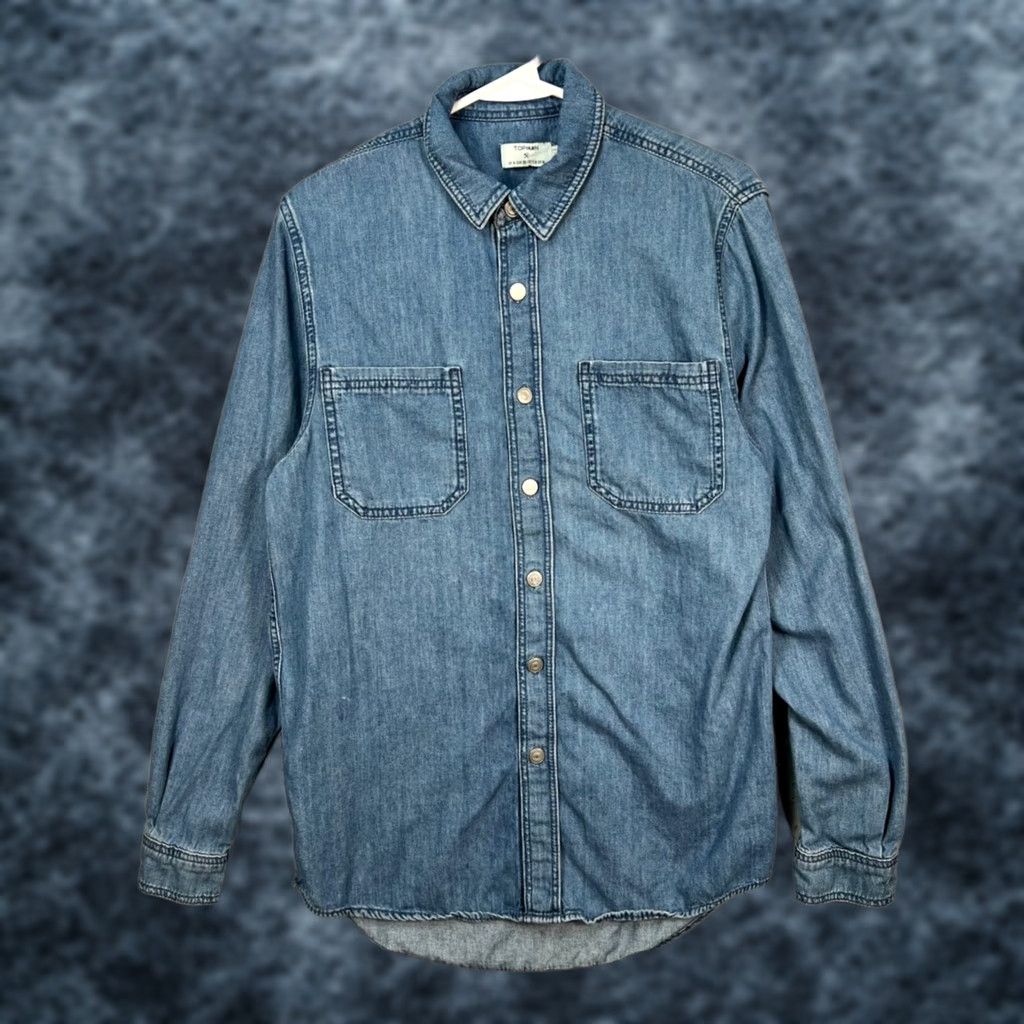 Topman Topman Mens Size Medium Blue Denim Button-Up Shirt Long Sleeve Regular Fit Casual with Pockets Size US M / EU 48-50 / 2 - 1 Thumbnail