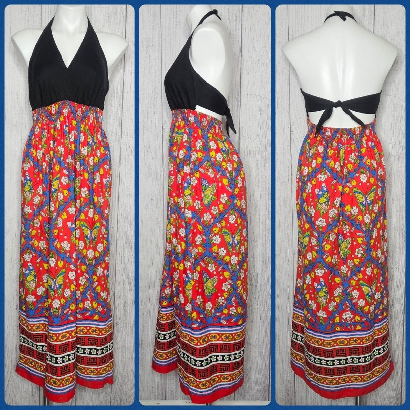 Vintage VTG Butterfly Flower Maxi Dress w Halter Open Back, sz S Size S / US 4 / IT 40 - 1 Thumbnail