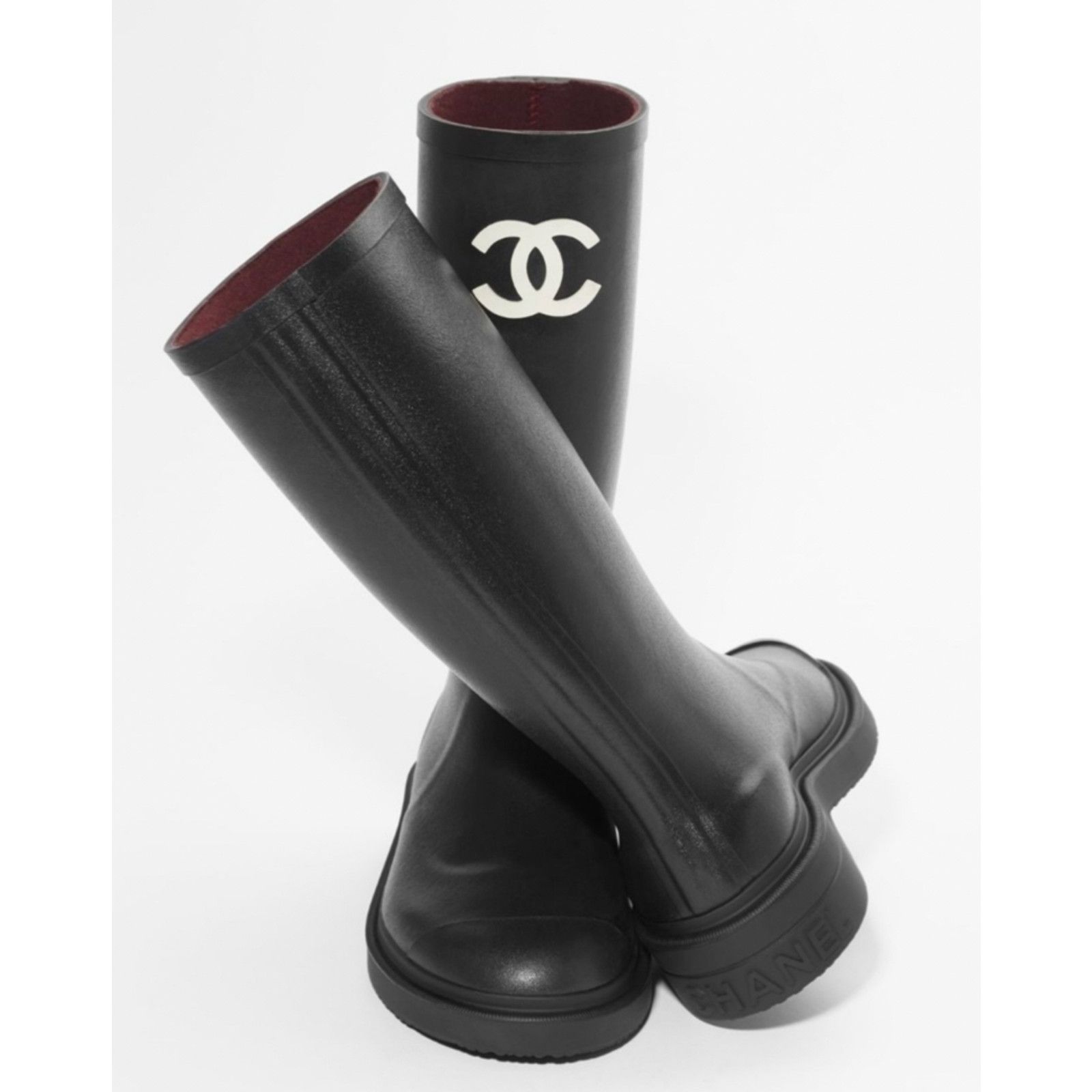 Chanel REV Black White CC Logo High Rubber Rain Boots 35