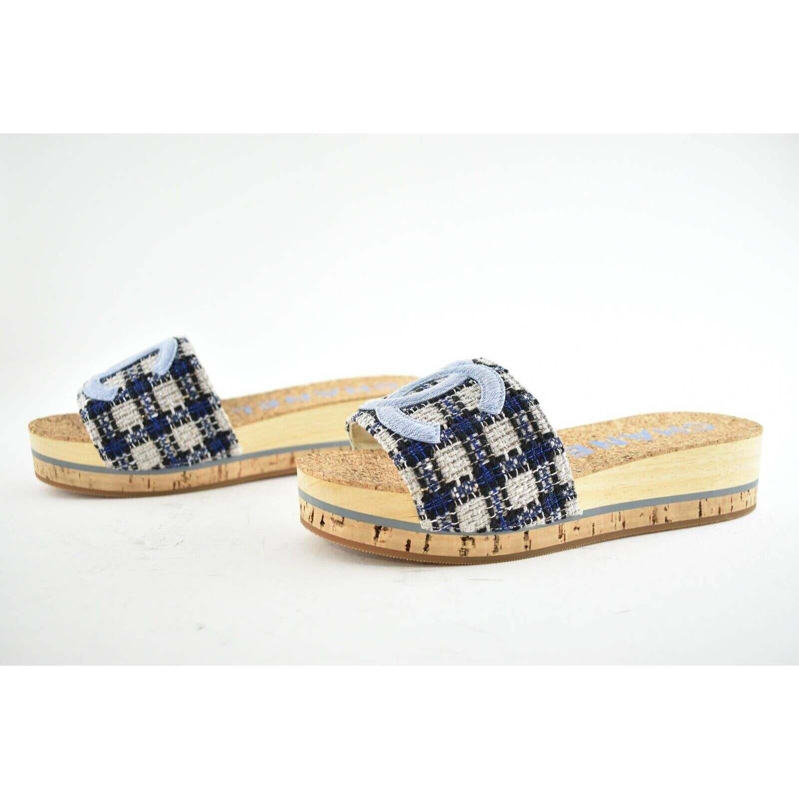 Chanel Chanel 20P Blue Tweed Denim CC Logo Cork Mule Slide Slip Size US 11 / IT 41 - 6 Thumbnail