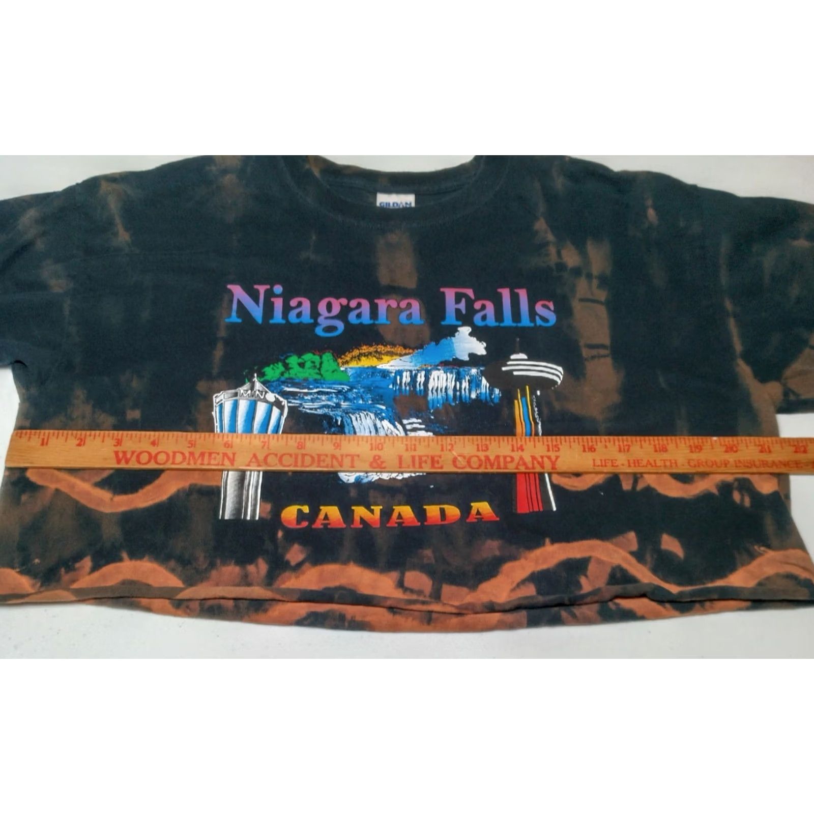 Gildan VINTAGE Gildan Rainbow Bleach Dye Niagara Falls Canada Crop Top Shirt L Black Unisex Adults Crew Neck Short Sleeve Graphic Waterfall - Size US L / EU 52-54 / 3 - 7 Thumbnail