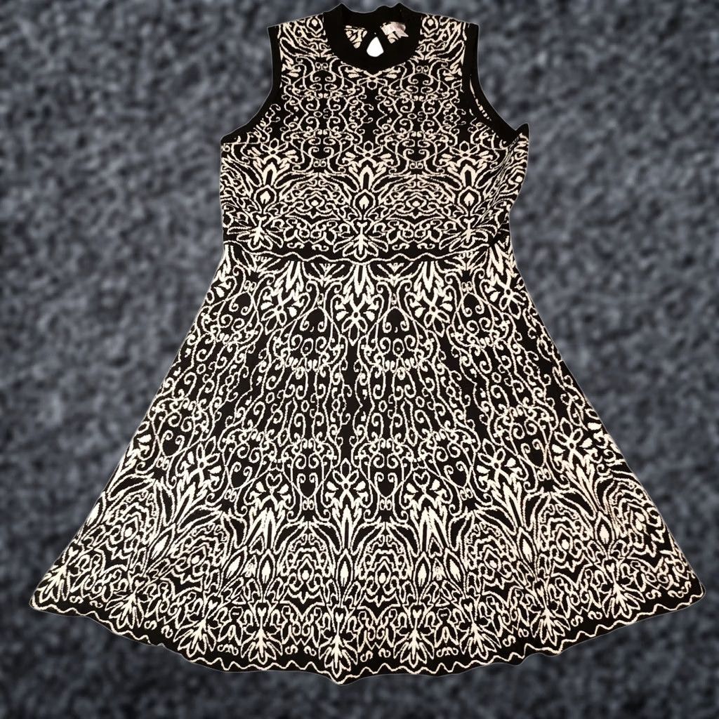 Vintage Xhilaration Dress Womens L Black White Sleeveless Knit Jacquard Mock Neck Fit & Flare A-line Size L / US 10 / IT 46 - 1 Thumbnail