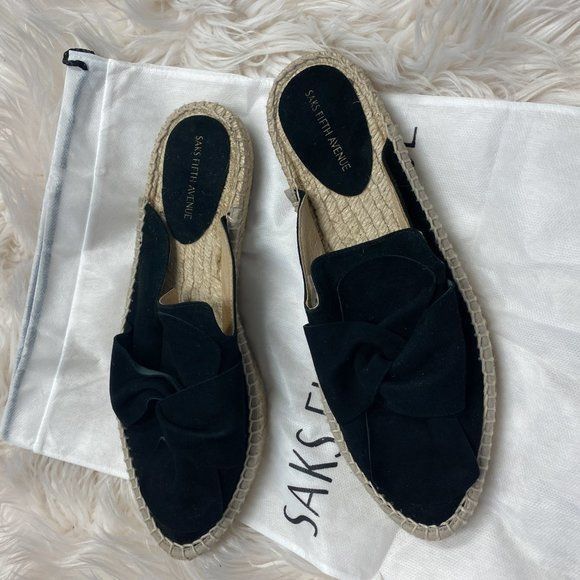 Saks Fifth Avenue Saks Fifth Avenue Black Suede Bow Espadrille Mules Size US 7.5 / IT 37.5 - 2 Thumbnail