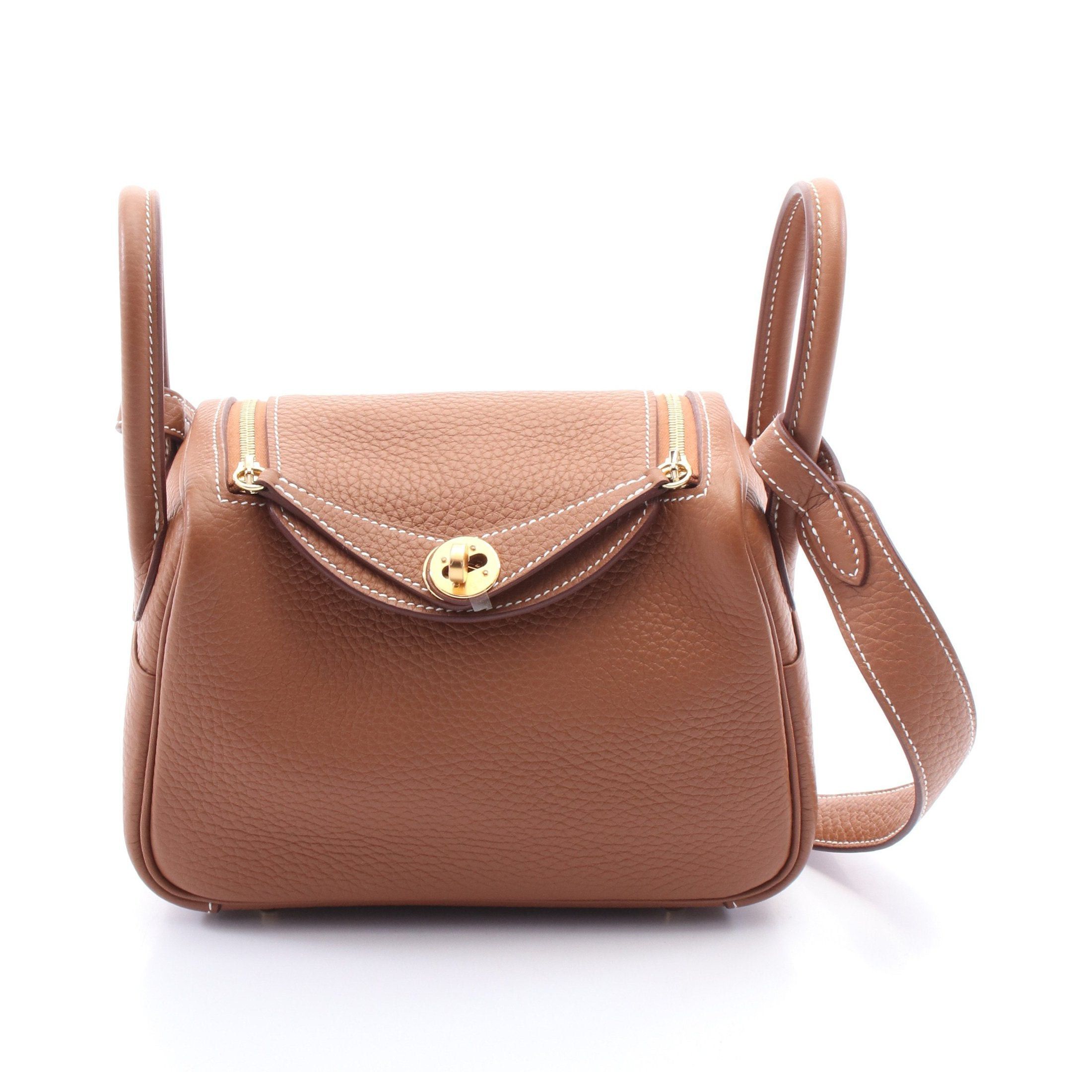 Hermes Lindy Mini Gold Shoulder Bag Clemence Leather Brown Hardware K Stamp, Women's
