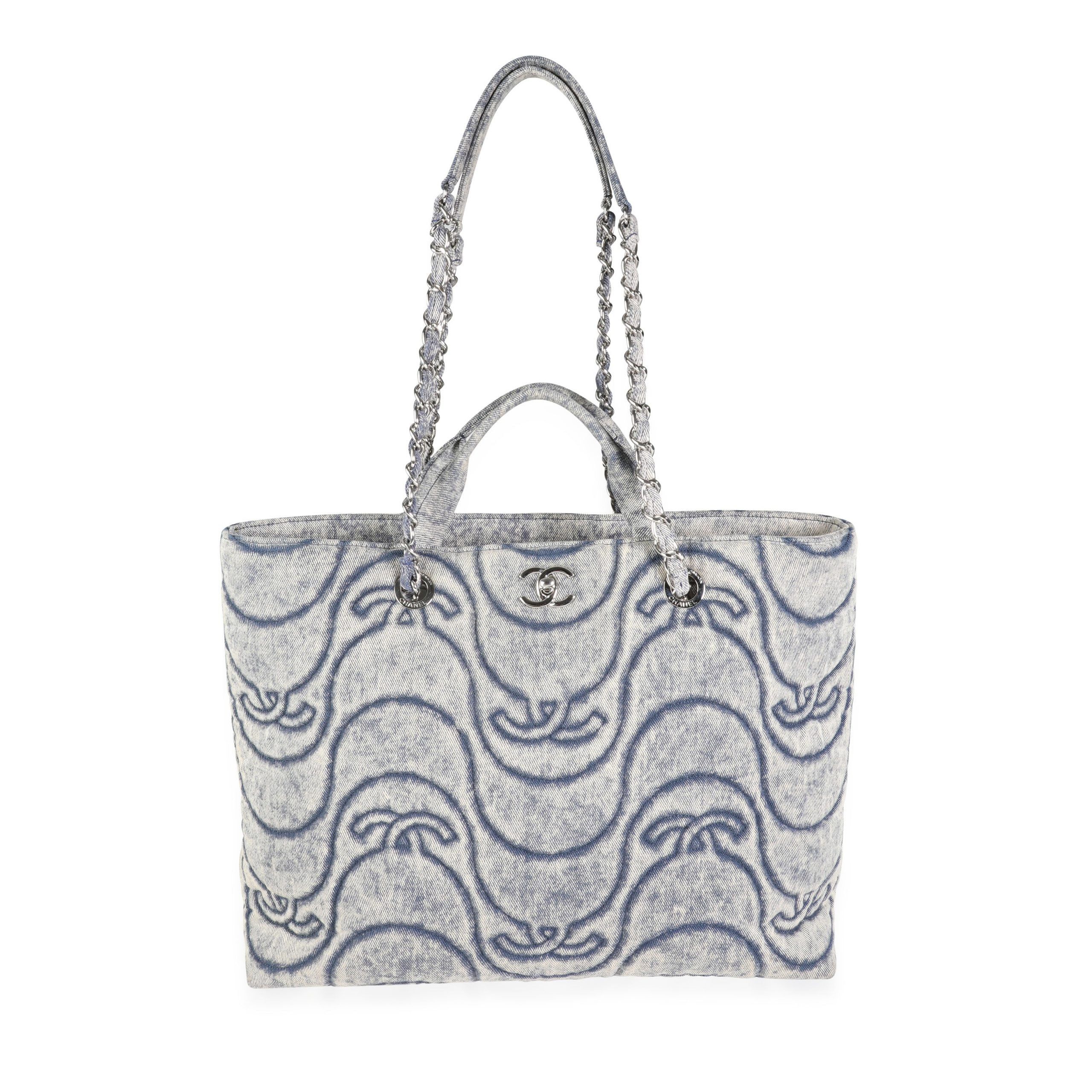 image of Chanel Stone Washed Denim Cc Wave Shopping Bag in White, Women's