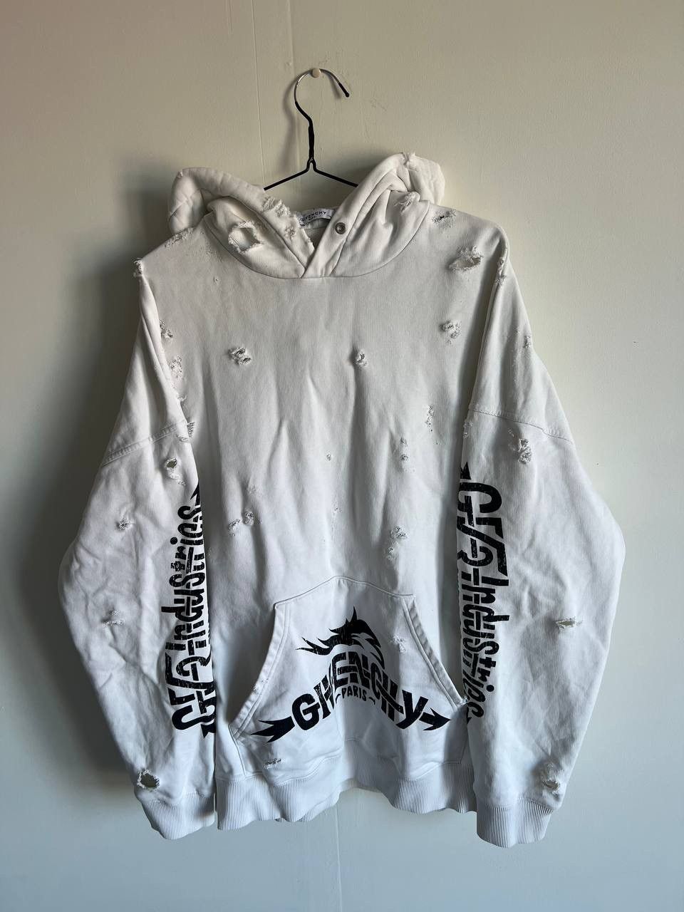 Designer × Givenchy Givenchy GV3 Industries Logo Print Ivory Distressed Hoodie Size US XL / EU 56 / 4 - 1 Thumbnail