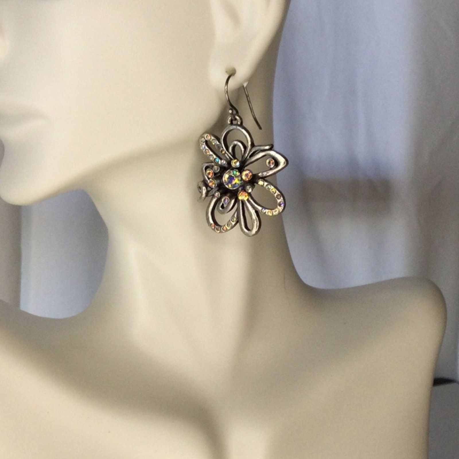 Chicos Chico's Silver & Rhinestone Floral Dangle Drop Earrings Size ONE SIZE - 10 Thumbnail