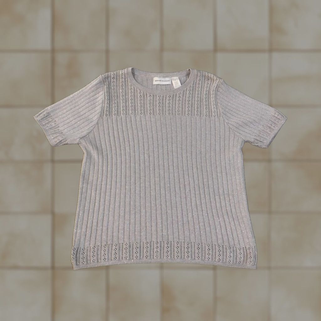 Vintage Alfred Dunner Blouse Shirt Womens Medium Gray Crew Neck Knit Stretch Metallic Pocket Short Sleeve Size M / US 6-8 / IT 42-44 - 1 Thumbnail