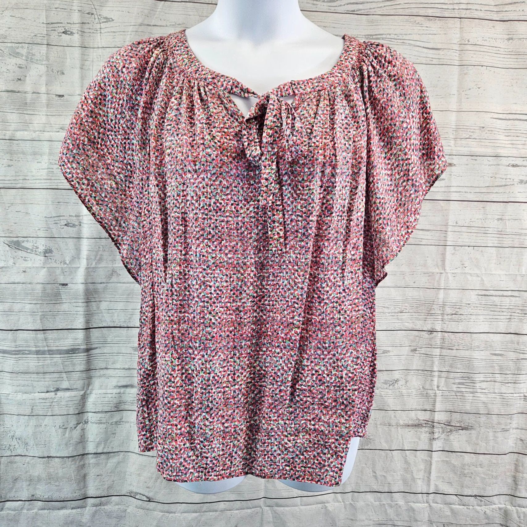 Vintage VINTAGE Zac & Rachel Womens Top 1X Pink Green Short Sleeve Rayon Blend Tie Neck Shirt Womens Size XL / US 12-14 / IT 48-50 - 2 Thumbnail