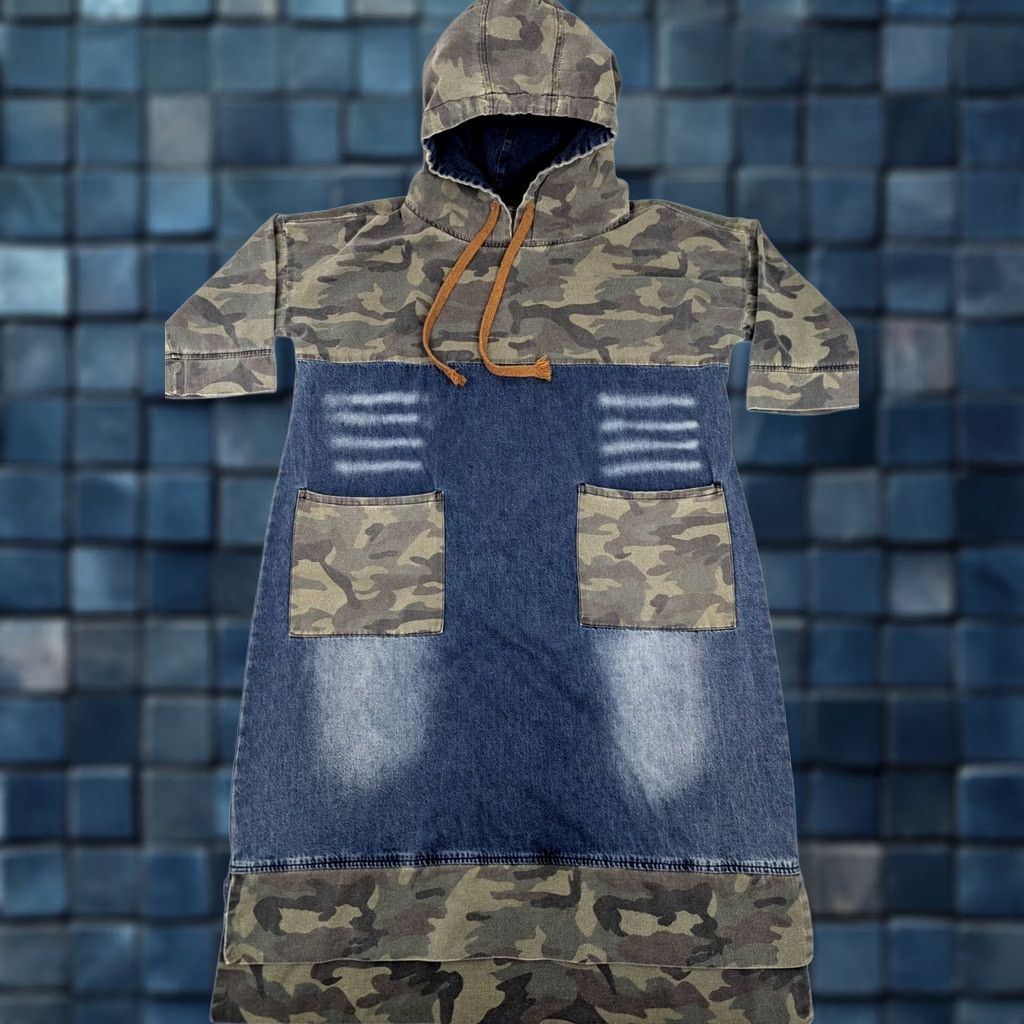 Denime Feilipamu Y2K Streetwear Camouflage Blue Jean Colorblock Denim Dress Women L Hooded Shirt Dress Casual 90s Retro Womens Size 36" / US 14 / IT 50 - 1 Thumbnail