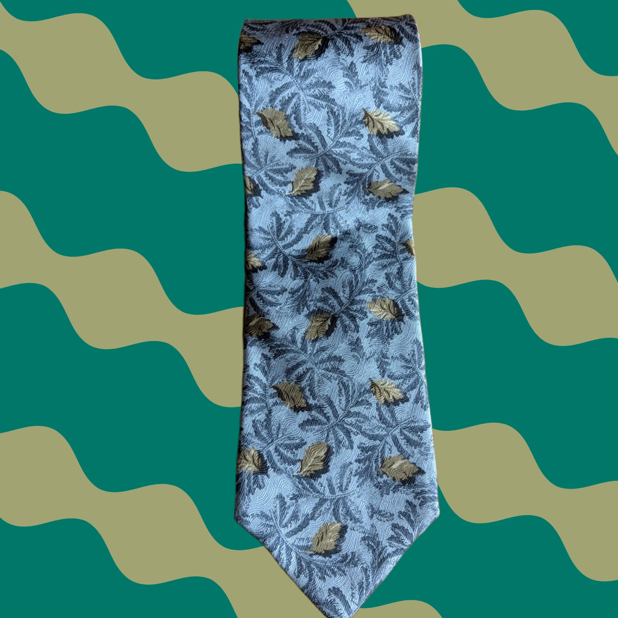 Vintage VILLA BOLGHERI Silk Tie Blue Gold Leaf Botanical Pattern Necktie Made in Italy Size ONE SIZE - 1 Thumbnail